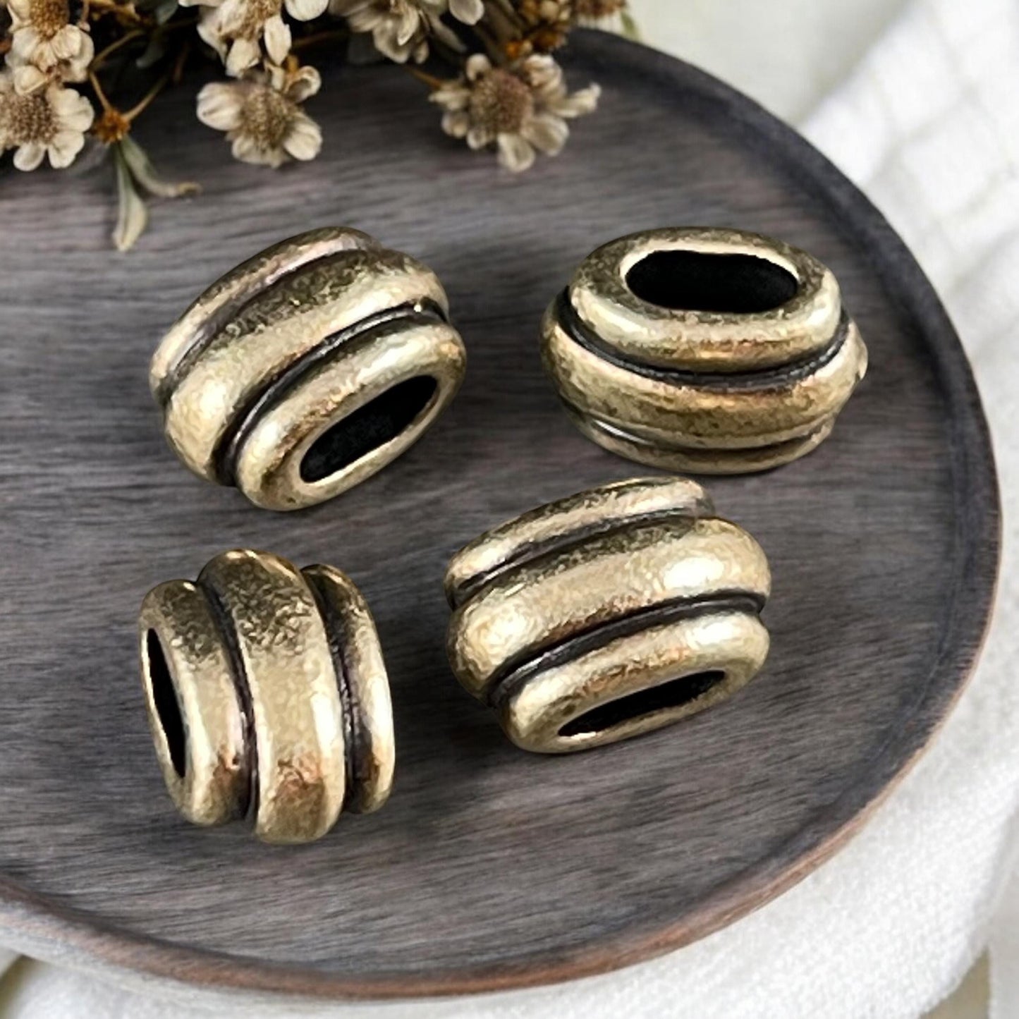 NEW TierraCast Large Hole Beads, Antiqued Brass 4x2mm Deco Barrel Bead, Crimpable for Leather or Cord (PF/883-87) * Qty. 6