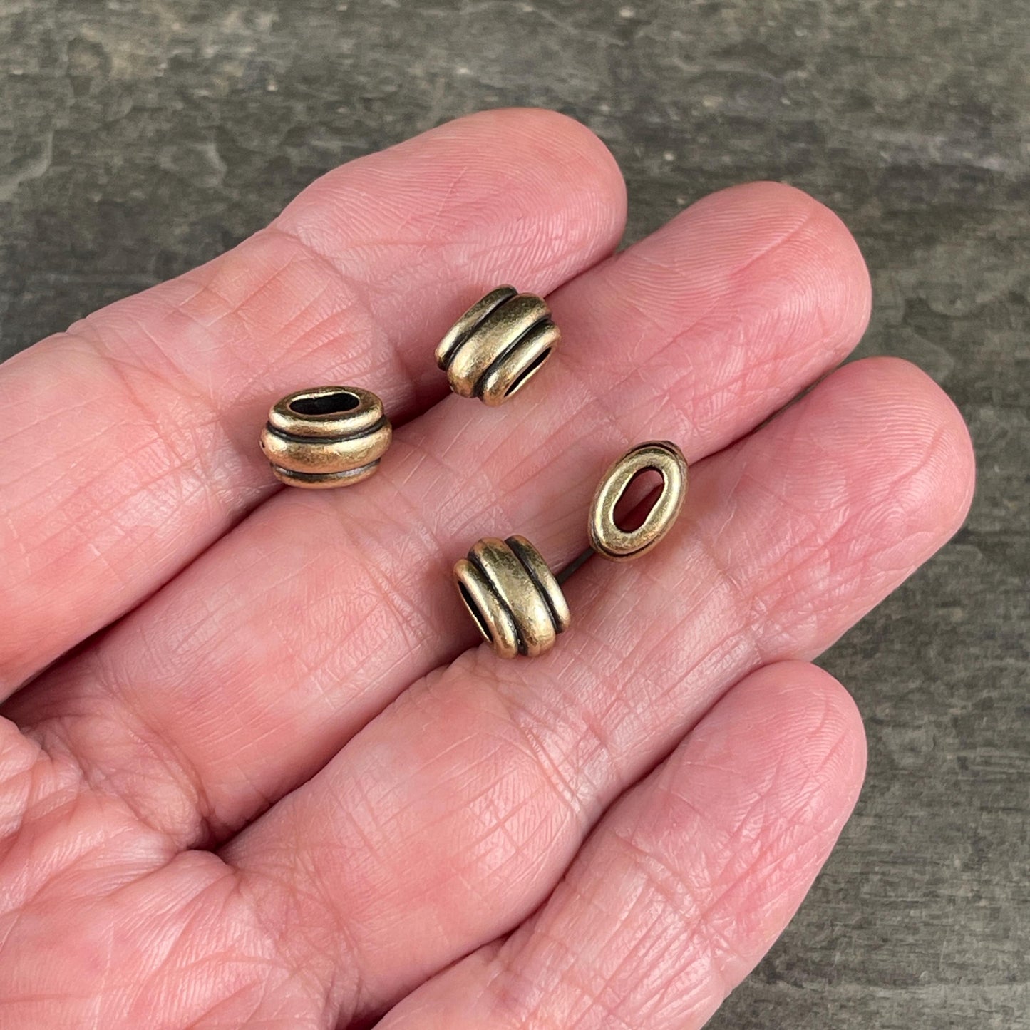 NEW TierraCast Large Hole Beads, Antiqued Brass 4x2mm Deco Barrel Bead, Crimpable for Leather or Cord (PF/883-87) * Qty. 6