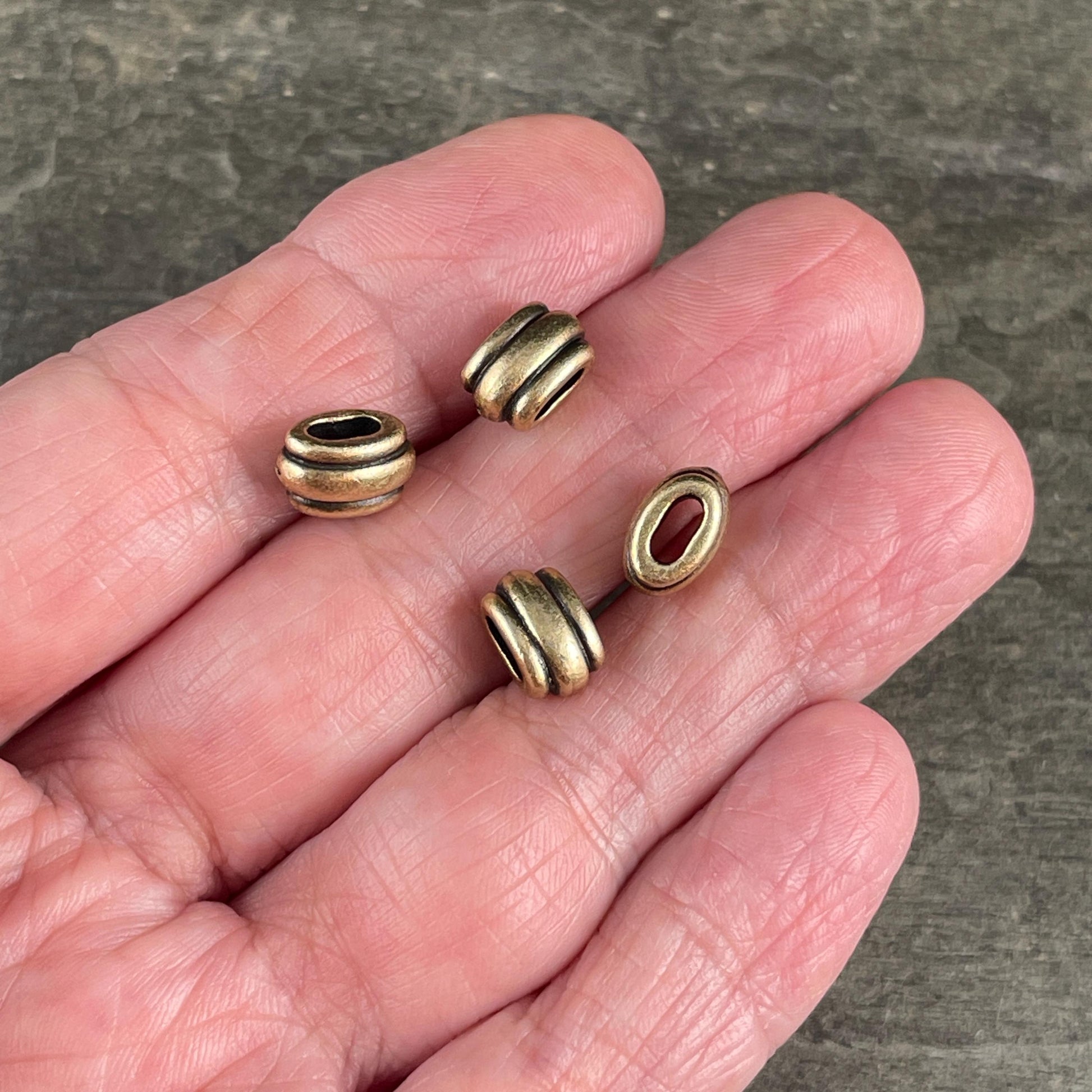 NEW TierraCast Large Hole Beads, Antiqued Brass 4x2mm Deco Barrel Bead, Crimpable for Leather or Cord (PF/883-87) * Qty. 6