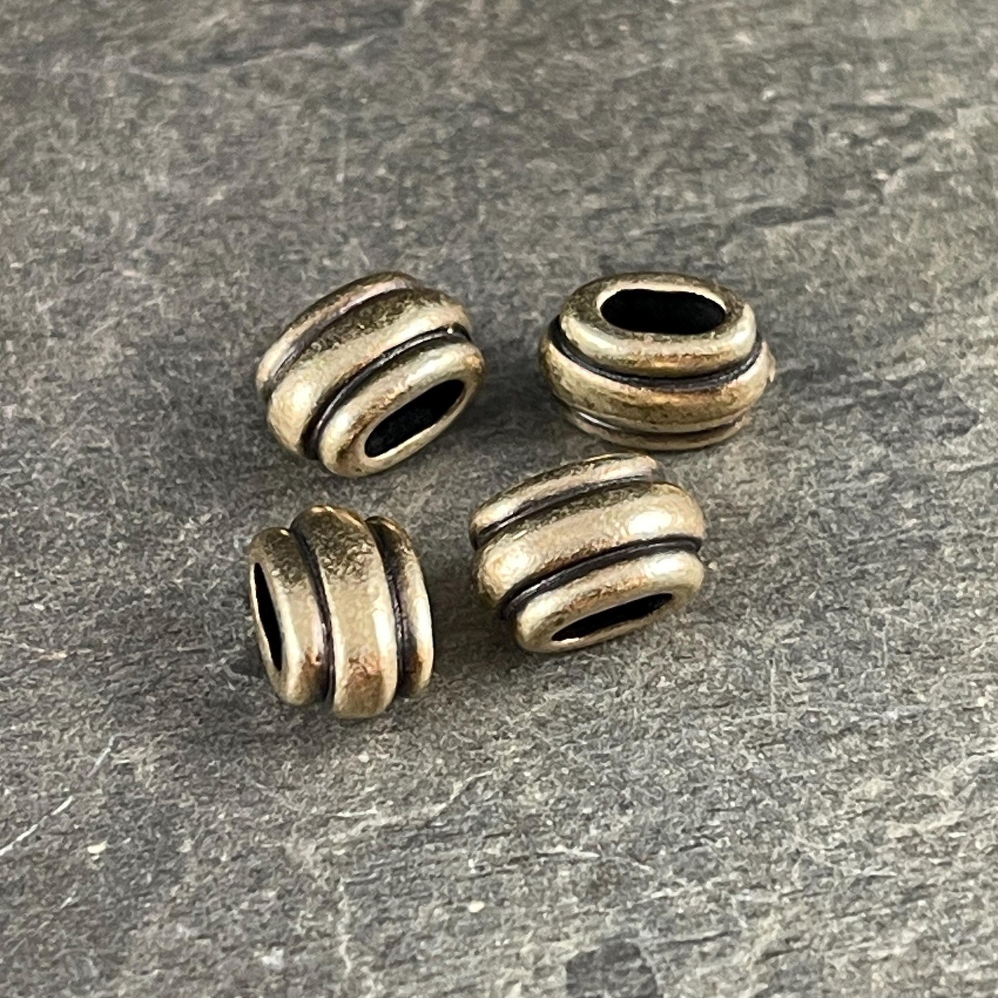 NEW TierraCast Large Hole Beads, Antiqued Brass 4x2mm Deco Barrel Bead, Crimpable for Leather or Cord (PF/883-87) * Qty. 6