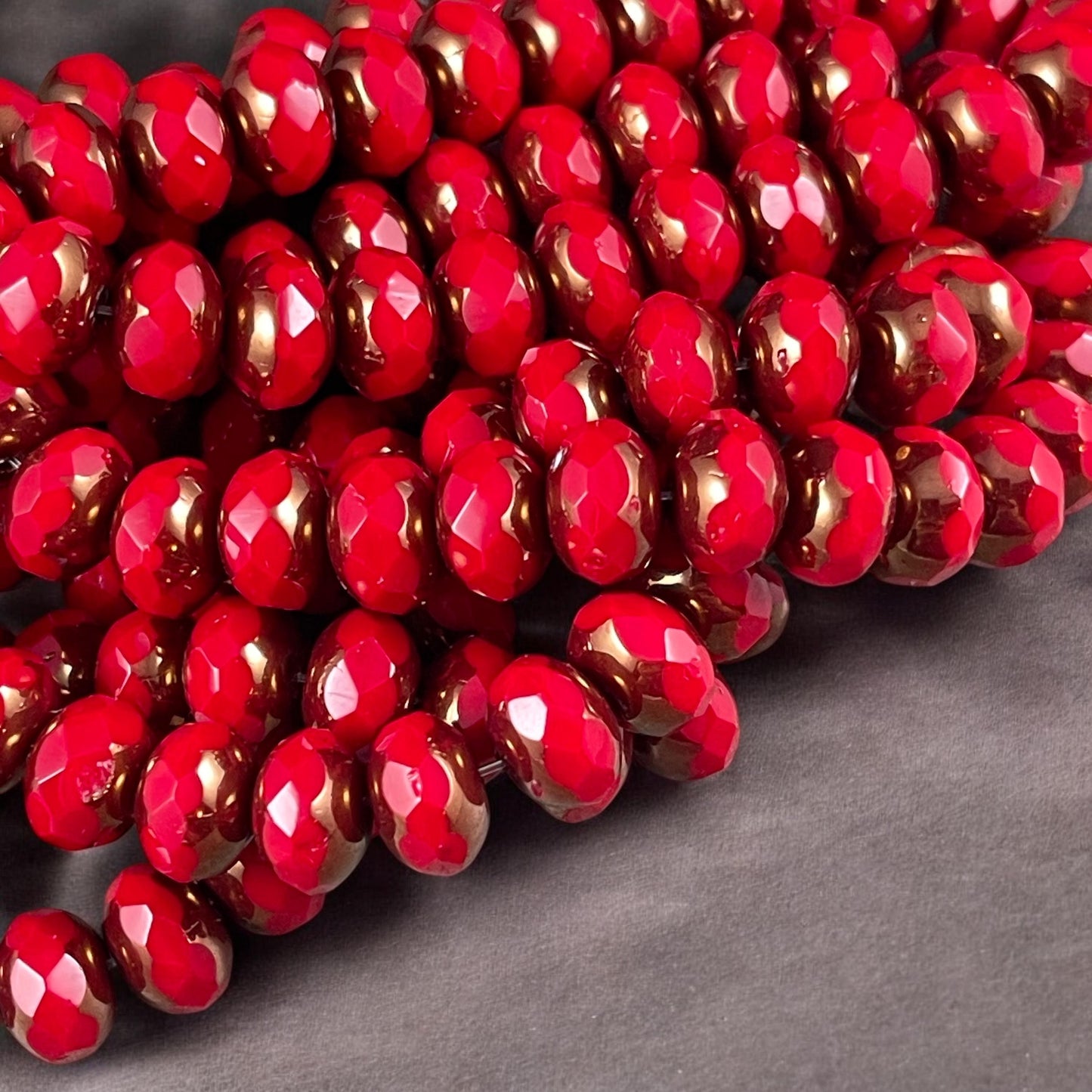 Opaque Red Rondelles Czech Beads 8x6mm Rondelle Czech Glass Beads Opaque Ruby Red with Bronze Picasso Beads (R8/N-1190) - Qty. 12