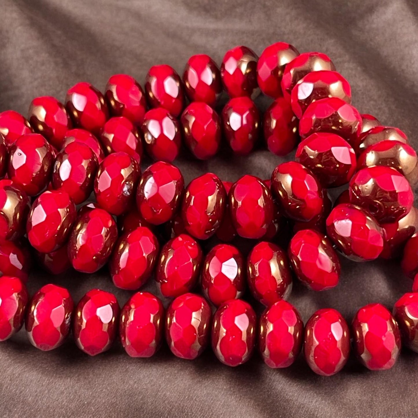 Opaque Red Rondelles Czech Beads 8x6mm Rondelle Czech Glass Beads Opaque Ruby Red with Bronze Picasso Beads (R8/N-1190) - Qty. 12