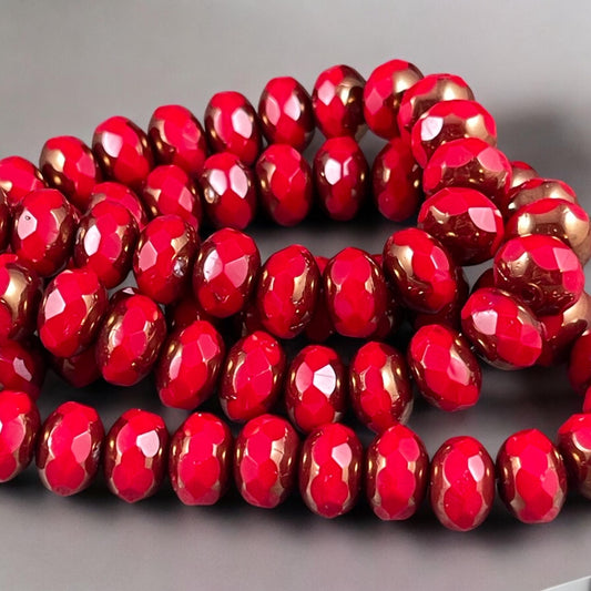 Czech Glass Beads - 8x6mm Faceted Rondelle, Opaque Ruby Red with Bronze Picasso (R8/N-1190) * Qty. 25