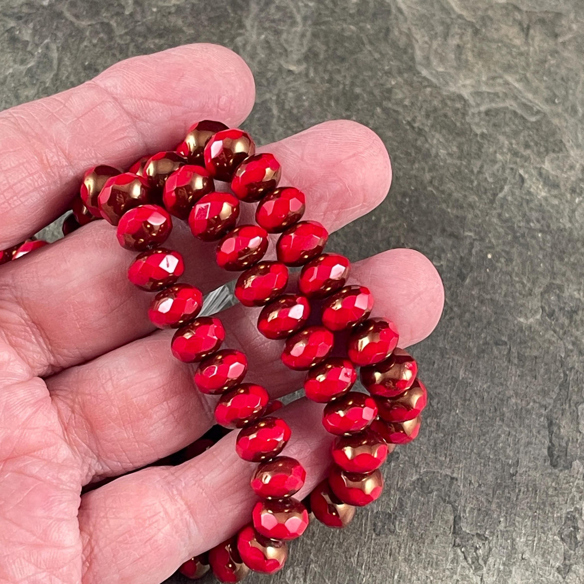 Czech Glass Beads - 8x6mm Faceted Rondelle, Opaque Ruby Red with Bronze Picasso (R8/N-1190) * Qty. 25