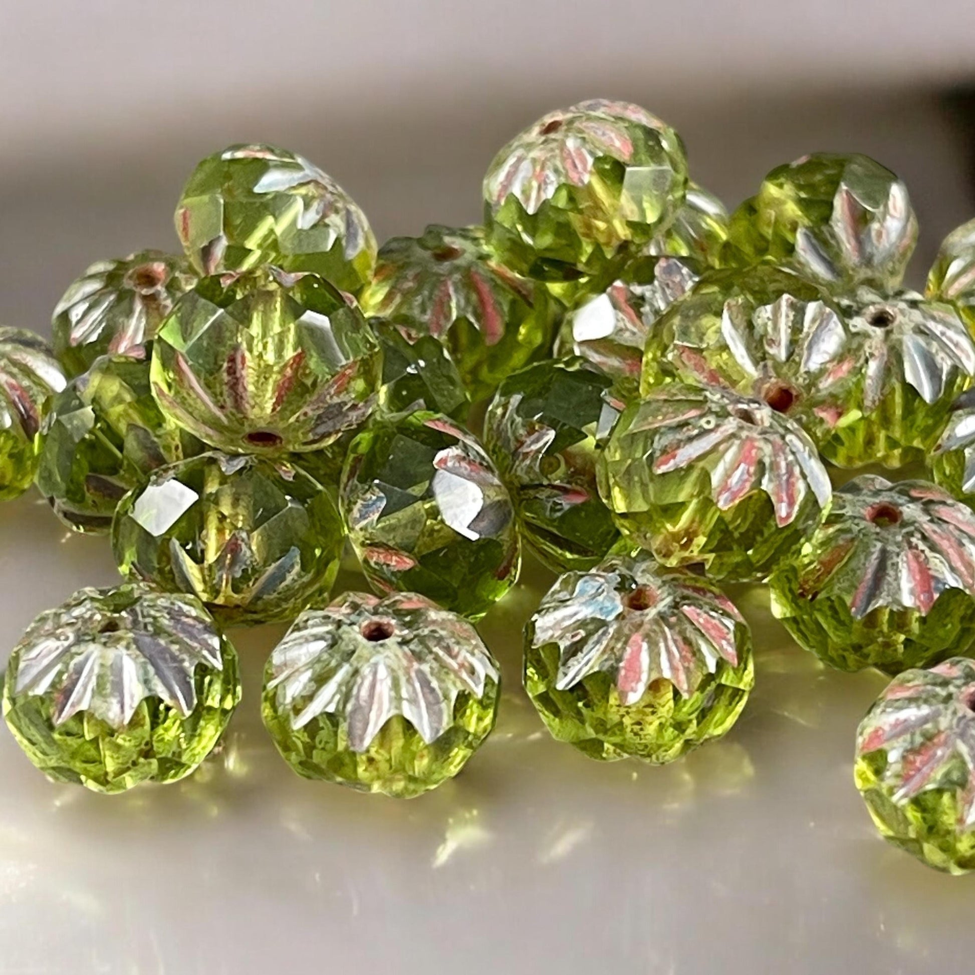 Peridot Green Czech Glass Beads, 6x9mm Faceted Cruller - Transparent Olive Green Picasso Rondelles (CR9/N-0438) * Qty. 10