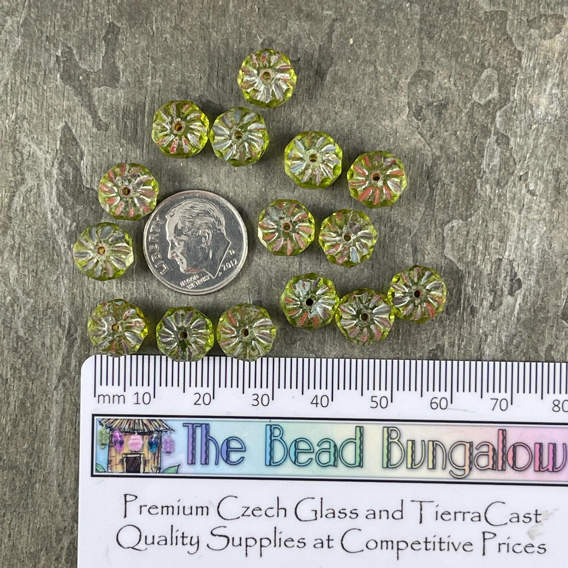 Peridot Green Czech Glass Beads, 6x9mm Faceted Cruller - Transparent Olive Green Picasso Rondelles (CR9/N-0438) * Qty. 10