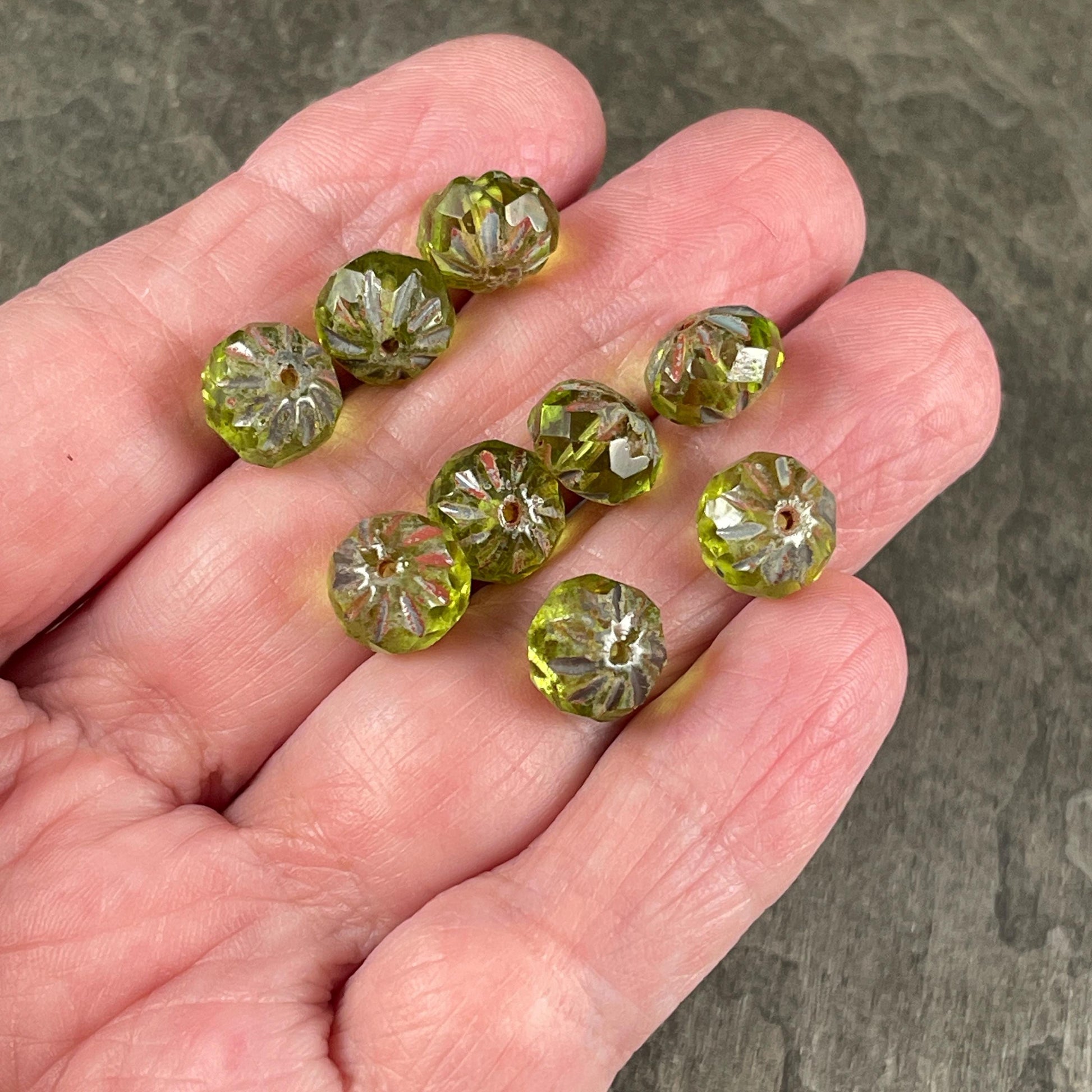 Peridot Green Czech Glass Beads, 6x9mm Faceted Cruller - Transparent Olive Green Picasso Rondelles (CR9/N-0438) * Qty. 10