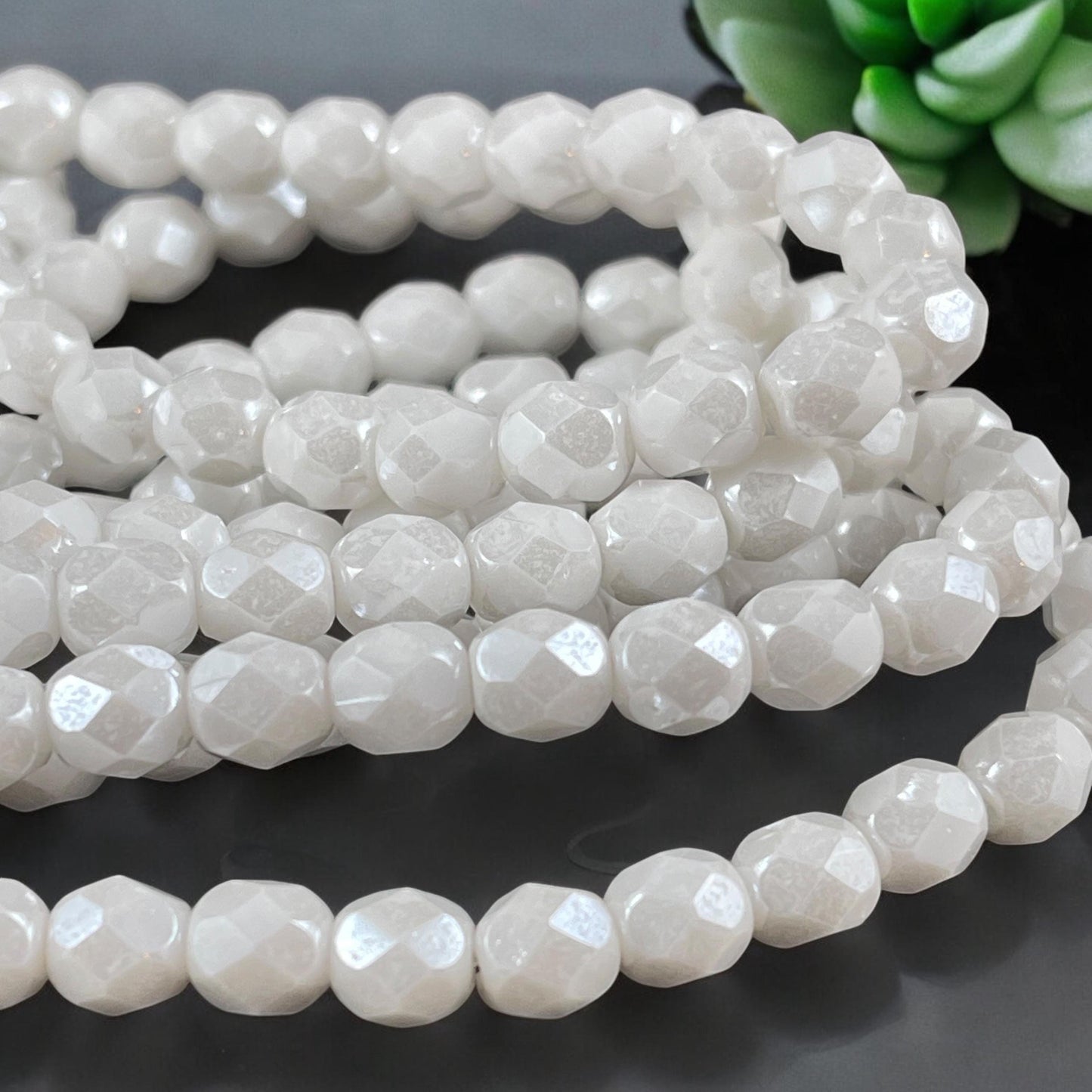 6mm White Czech Glass Beads ~ Faceted Round Glass Fire Polished Beads with Luster Finish (FP6/N-160) * Qty 25