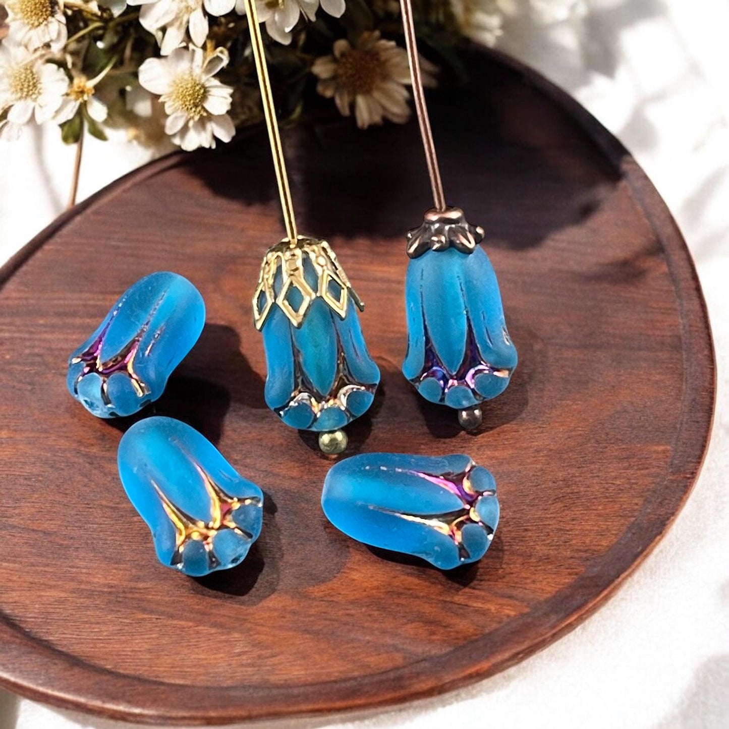 Czech Glass Beads - 12x8mm Lily Bud Flower, Matte Blue with Sliperit Finish (LBud29) * Qty. 12