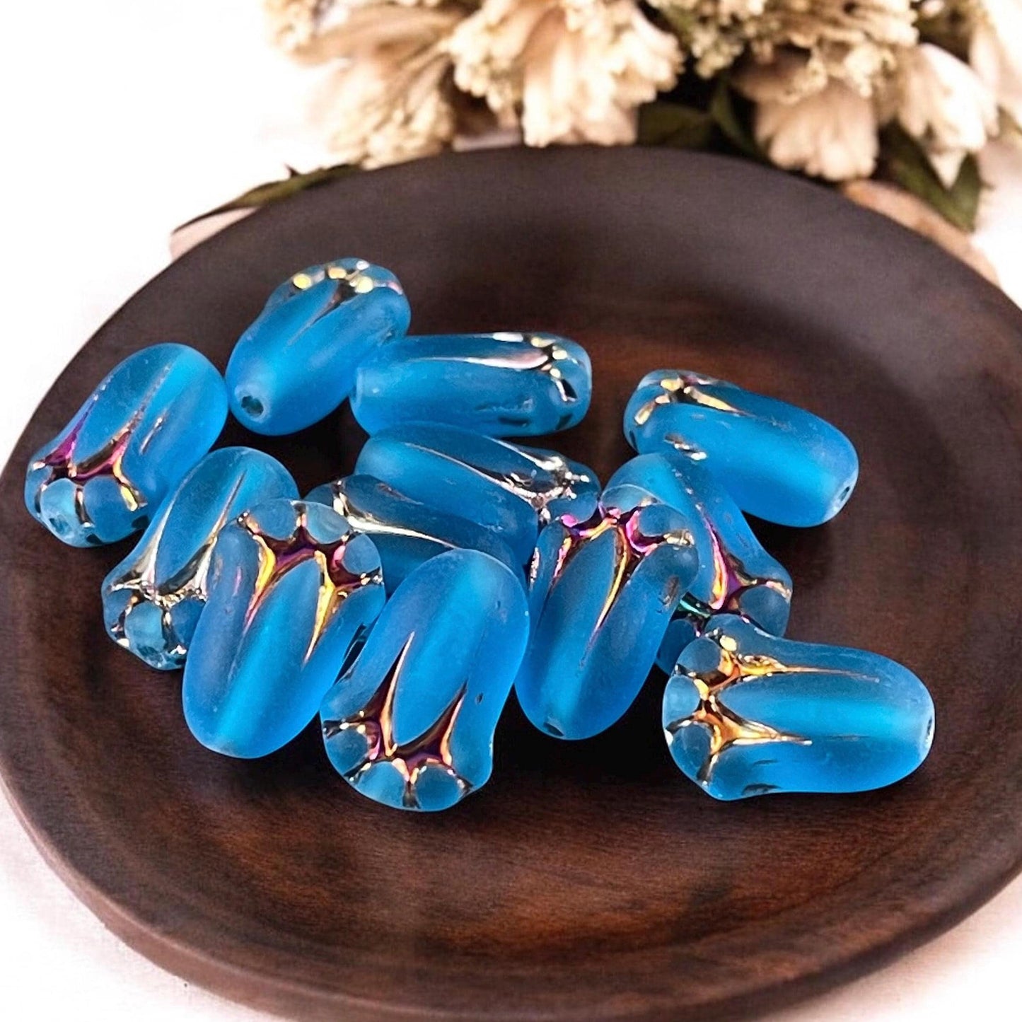 Czech Glass Beads - 12x8mm Lily Bud Flower, Matte Blue with Sliperit Finish (LBud29) * Qty. 12
