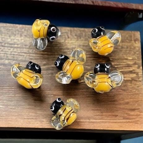 Bee Beads, Yellow and Black Bumble Bees, Lamp Work Beads - Bumble Bee Lampwork Beads - 13mm - Select Pair or Individual from Options