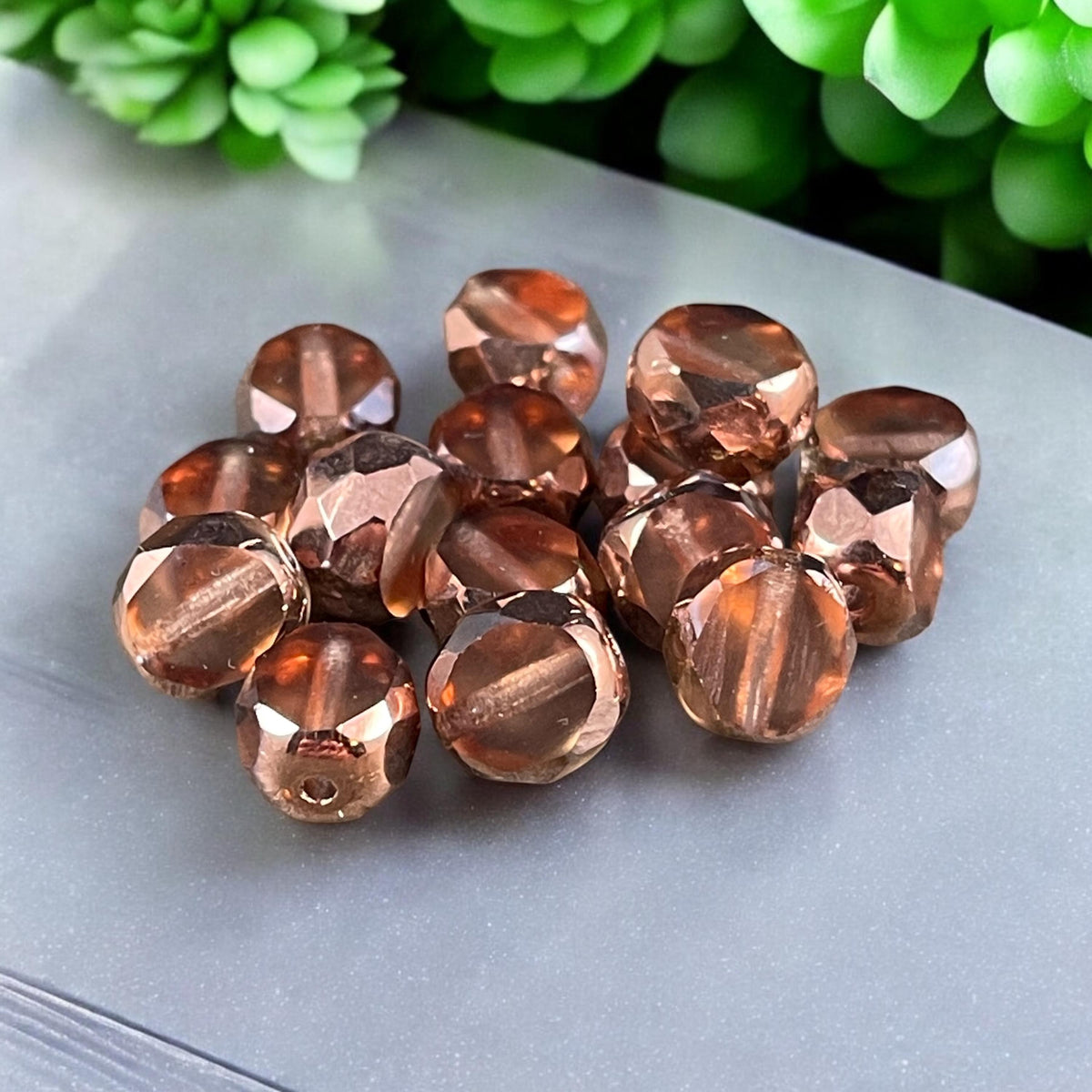 Transparent Salmon Pink and Copper 8mm Table Cut Beads, Czech Glass Faceted Oval Bead (FAS/N-1262) * Qty. 15