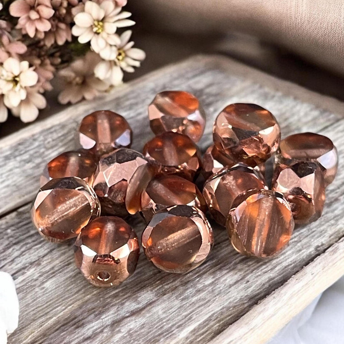 Transparent Salmon Pink and Copper 8mm Table Cut Beads, Czech Glass Faceted Oval Bead (FAS/N-1262) * Qty. 15