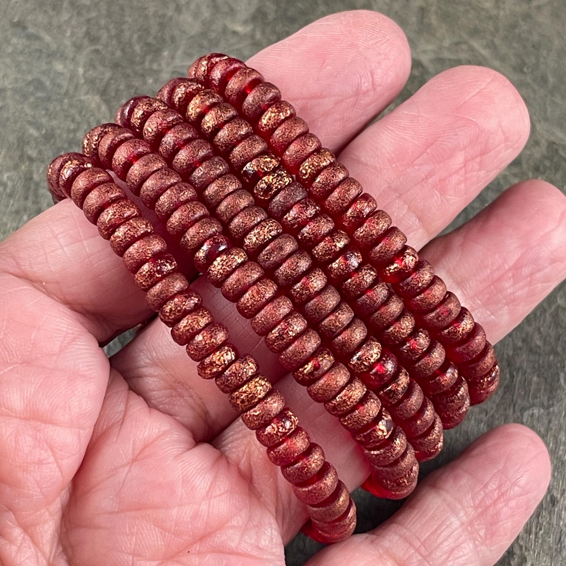 6mm Etched Red Heishi Rondelle, Czech Glass Beads, Red with Copper Wash (HSH/N-1887) * 40 Beads