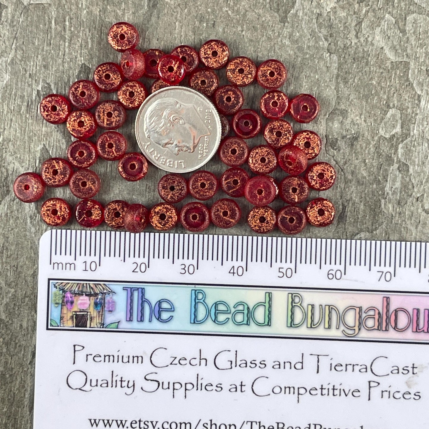 6mm Etched Red Heishi Rondelle, Czech Glass Beads, Red with Copper Wash (HSH/N-1887) * 40 Beads