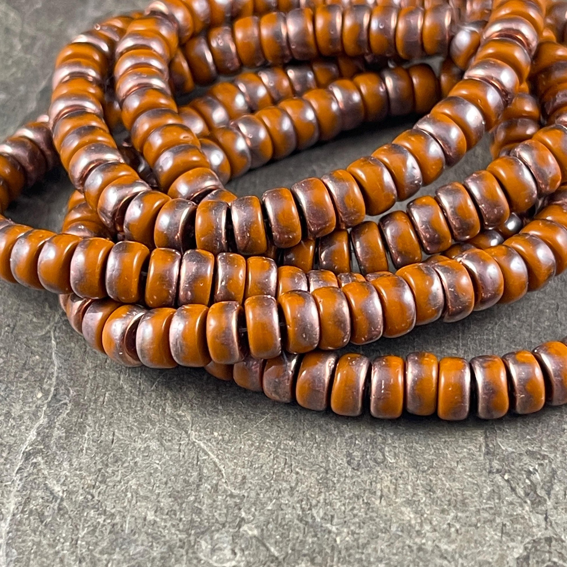 6mm Orange Heishi Rondelle, Czech Glass Beads, Burnt Orange with Copper Metallic Finish (HSH/N-0298) * 50 Beads