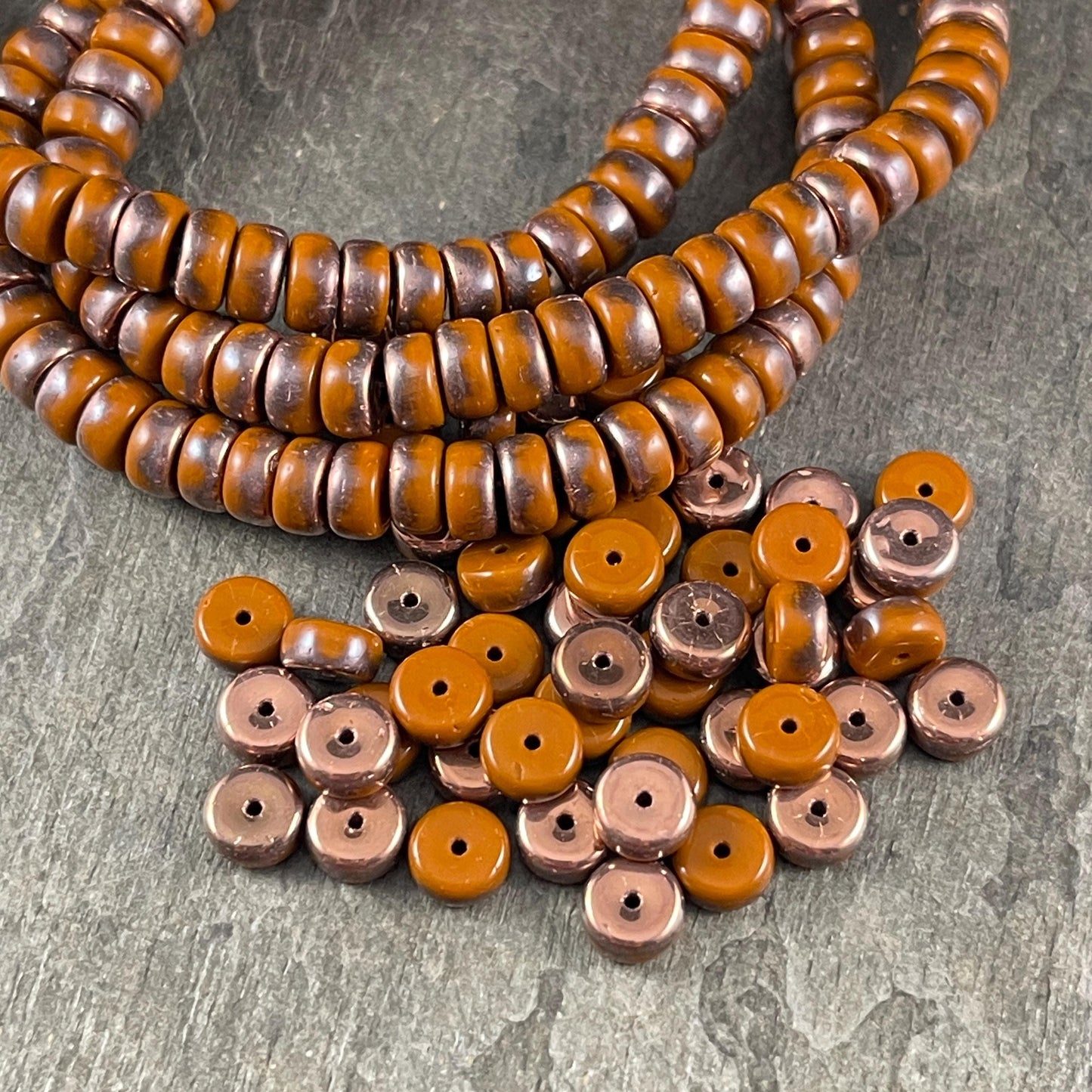 6mm Orange Heishi Rondelle, Czech Glass Beads, Burnt Orange with Copper Metallic Finish (HSH/N-0298) * 50 Beads