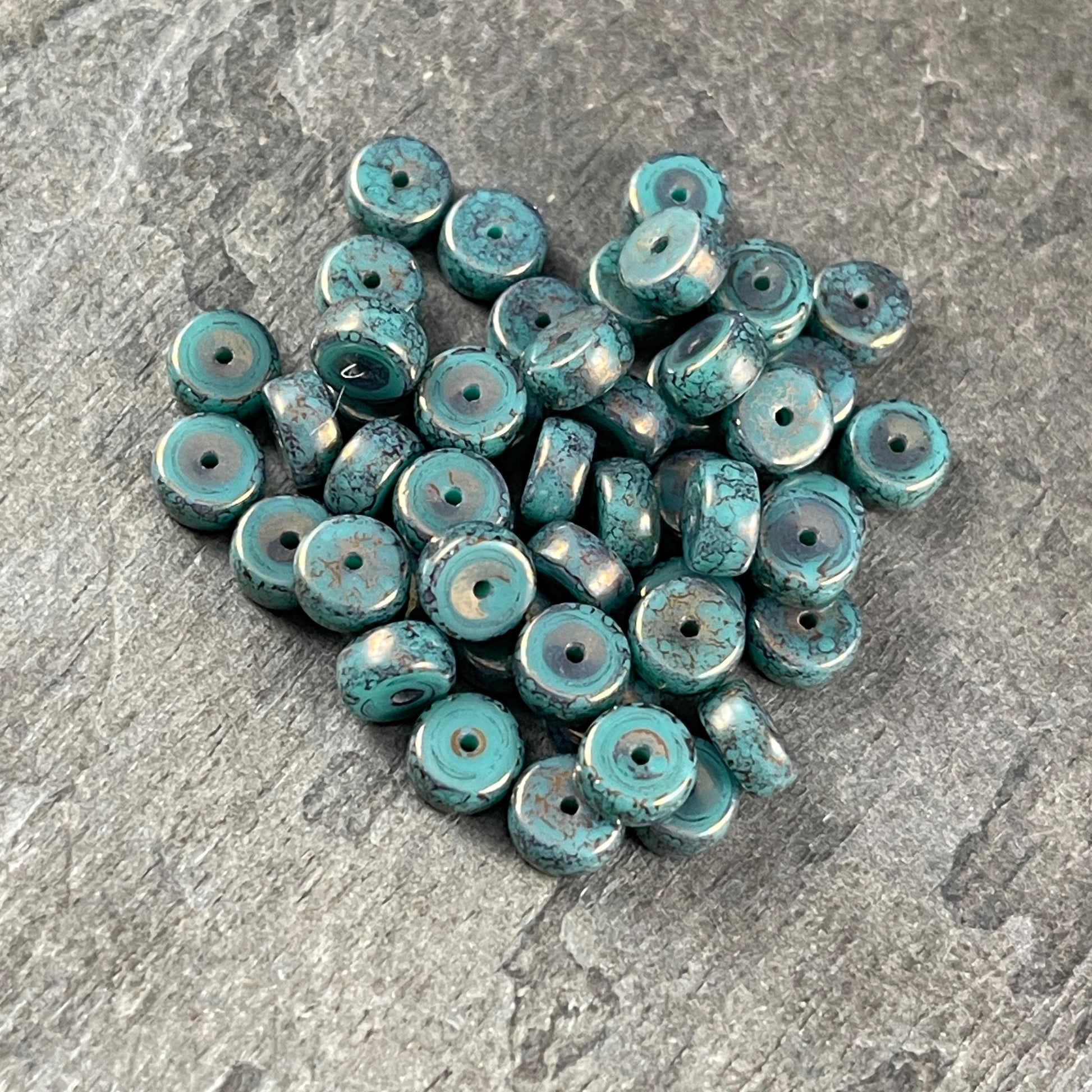 6mm Marbled Turquoise Heishi Rondelle, Czech Glass Beads, Dark Turquoise with Bronze Picasso Finish (HSH/N-0303) * 50 Beads