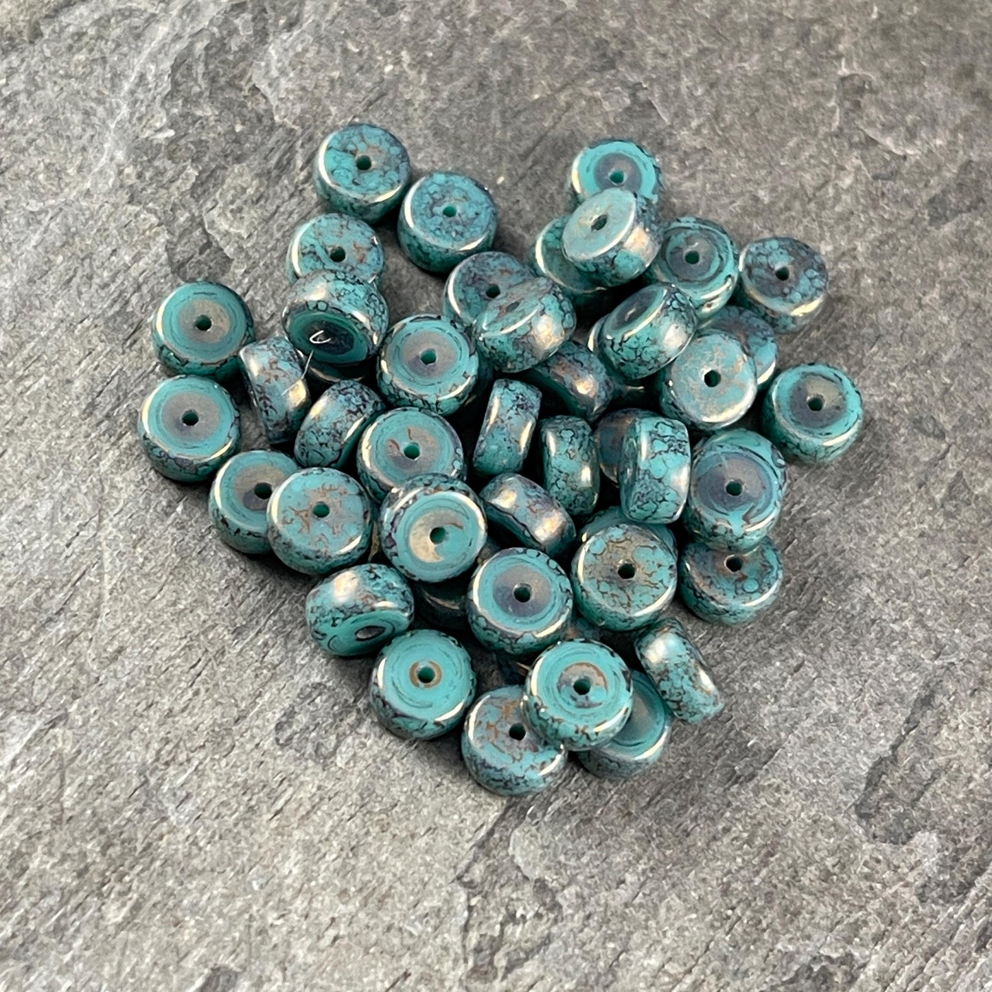 Czech Glass Beads - 6mm Marbled Turquoise Heishi Rondelle, Dark Turquoise with Bronze Picasso Finish (HSH/N-0303) * 50 Beads