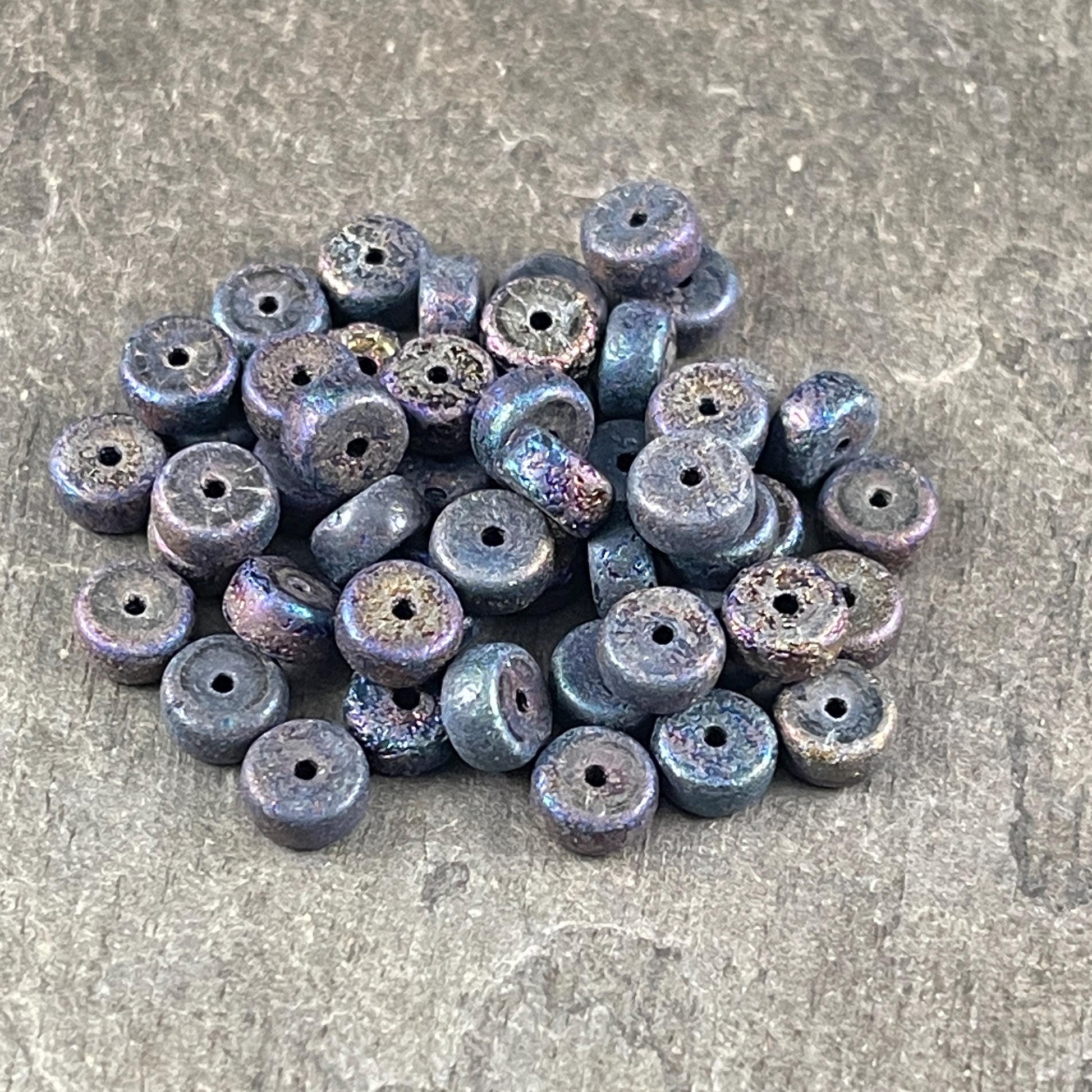 6mm Blue Iris Heishi Rondelle, Czech Glass Beads, Etched Mother of Pearl Iridescent Beads (HSH/N-1941) * 50 Beads