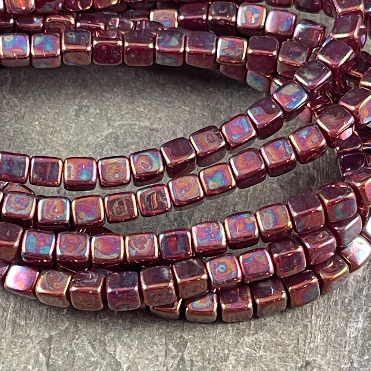 4mm Czech Glass Cube Beads, Metallic Rust Czech Glass Beads with Purple Iridescent Finish (CUB/N-0917) * Qty. 40