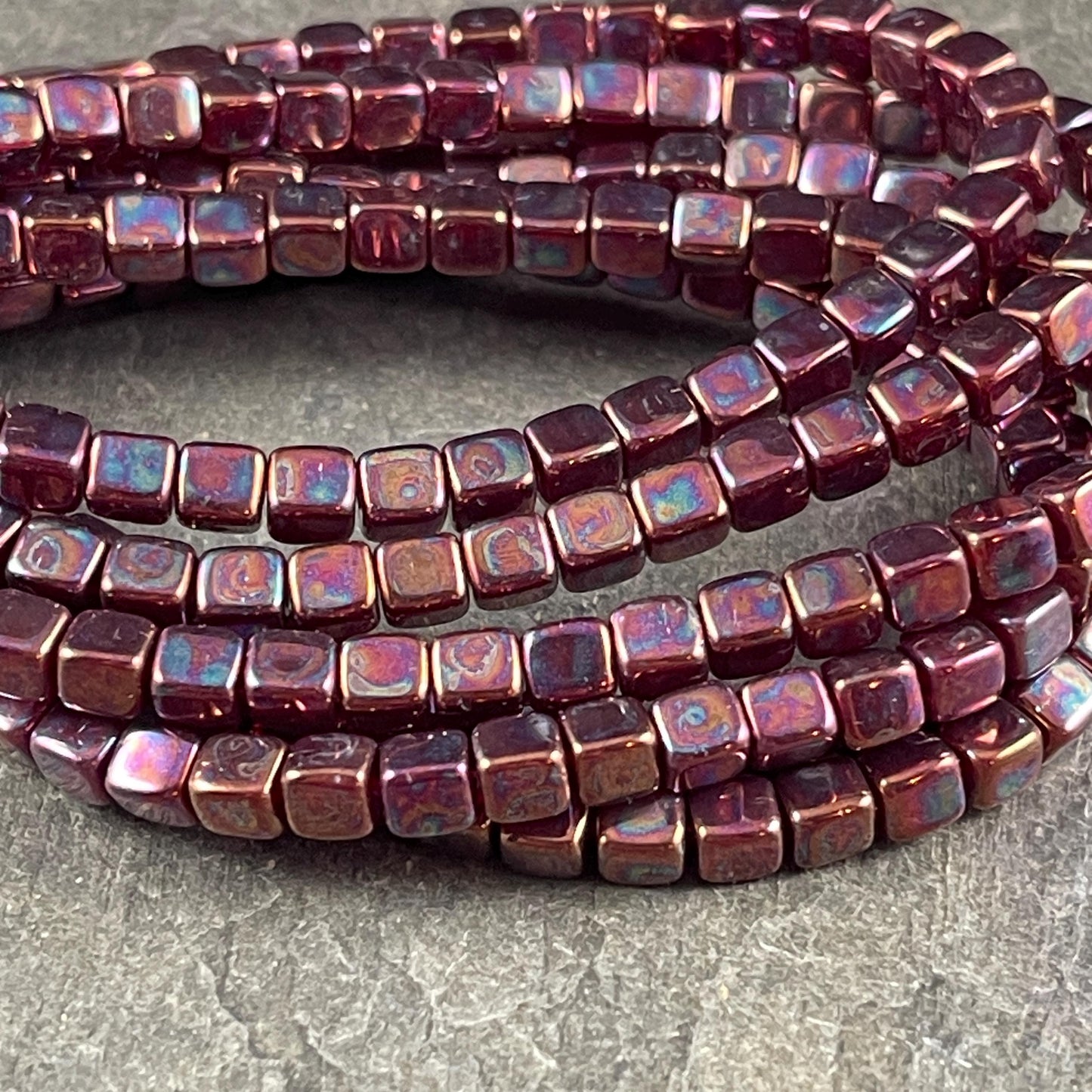 4mm Czech Glass Cube Beads, Metallic Rust Czech Glass Beads with Purple Iridescent Finish (CUB/N-0917) * Qty. 40