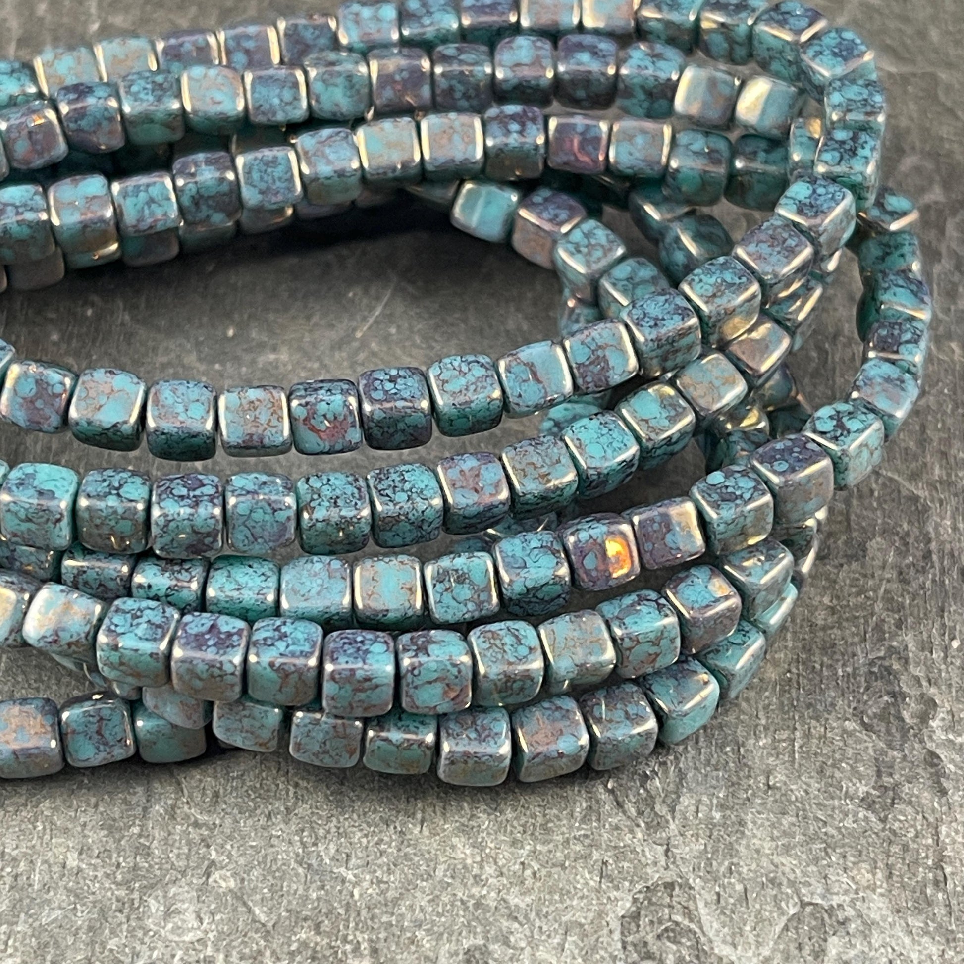 4mm Czech Glass Cube Beads, Turquoise Czech Glass Beads with Bronzed Indigo Picasso (CUB/N-2086) * Qty. 40