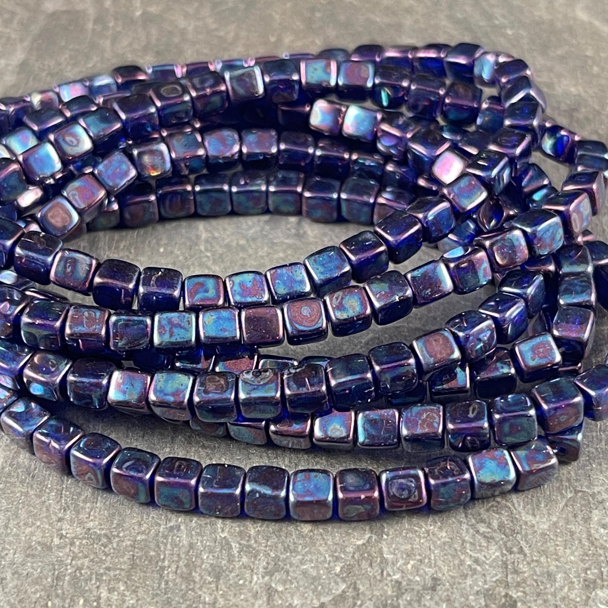 4mm Dark Blue Czech Glass Cube Beads, Sapphire Czech Glass Beads with Mother of Pearl Finish (CUB/N-1088) * Qty. 40