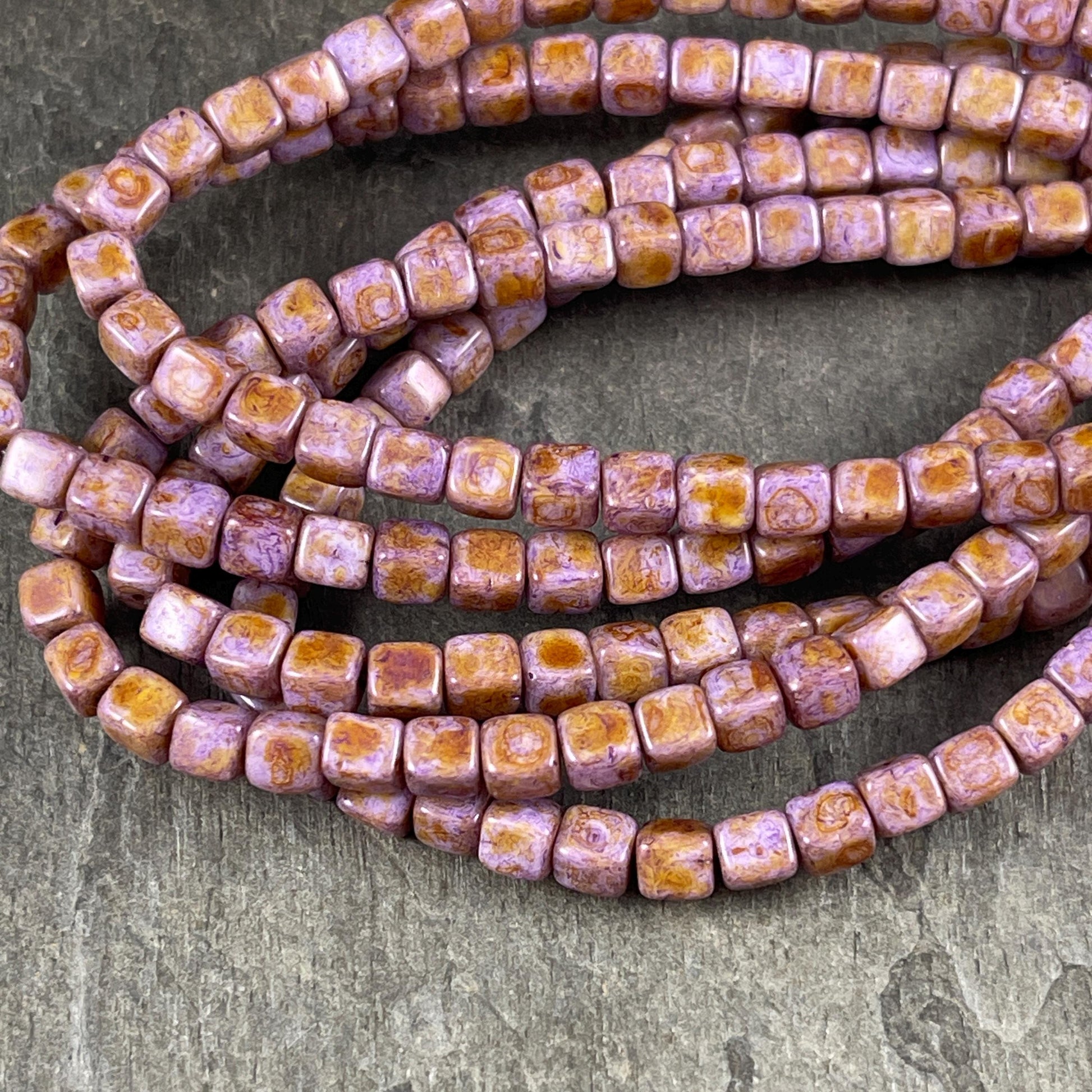 4mm Czech Glass Cube Beads, Thistle Purple Czech Glass Beads with Rust Picasso Finish (CUB/N-0818) * Qty. 40