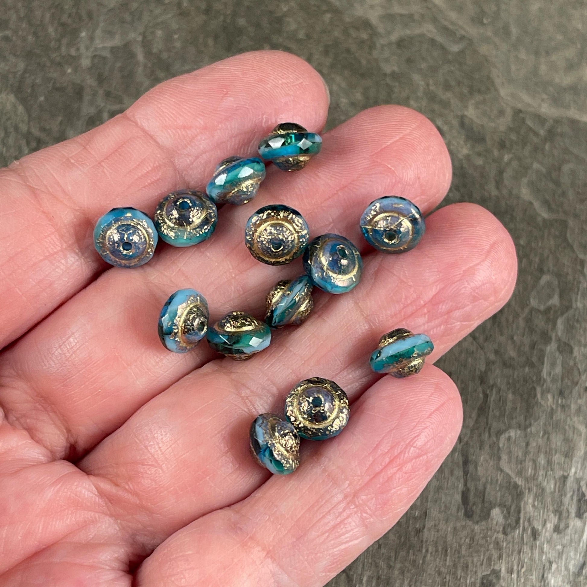 Capri and Sky Blue 8x6mm Bicone, Czech Glass Beads, Two-Tone Blue with Etched Gold Picasso (SAT/N-1541) * Qty. 15