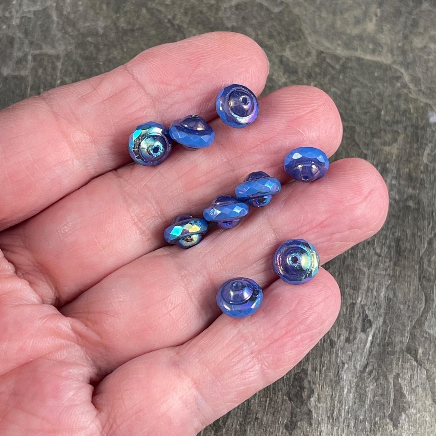 Blue 8x6mm Bicone, Czech Glass Beads, Cornflower Blue with Bronze Picasso and AB Finish (SAT/N-0792) * Qty. 15