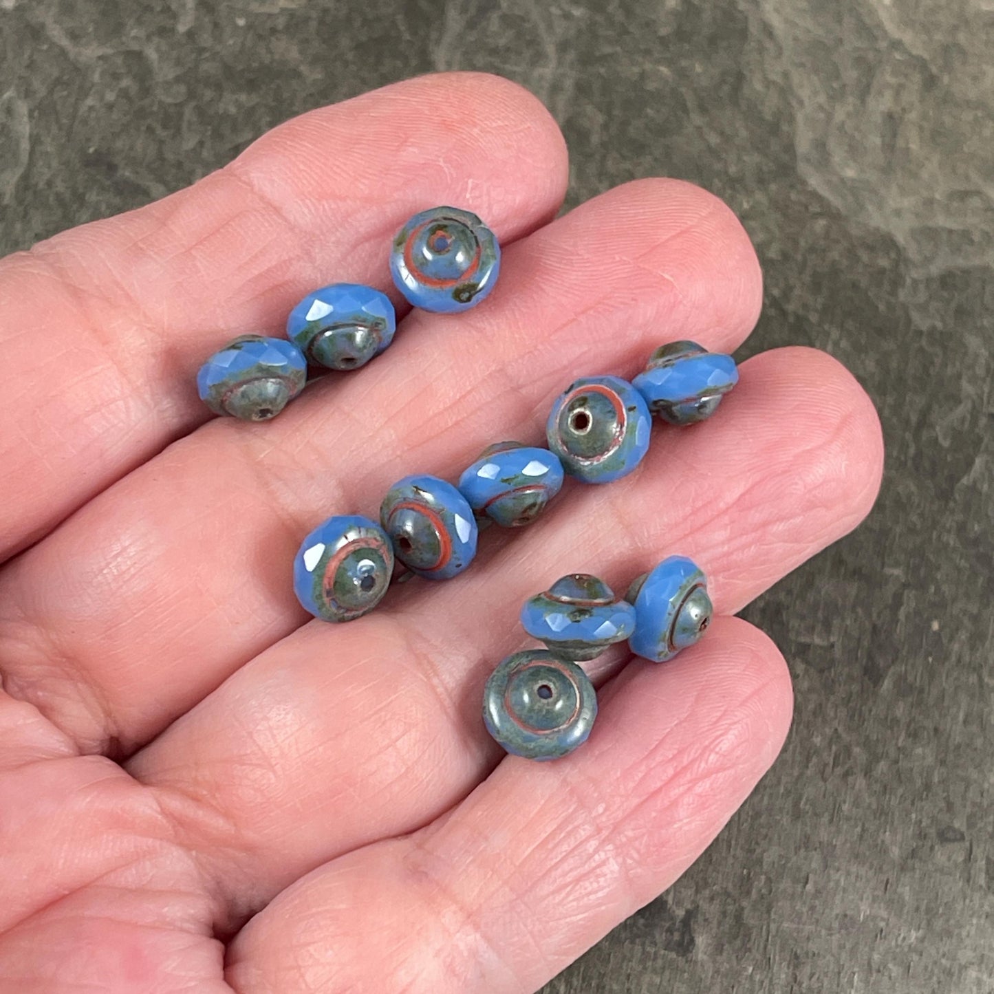 Blue 8x6mm Bicone, Czech Glass Beads, Cornflower Blue with Rustic Picasso (SAT/N-1074) * Qty. 15