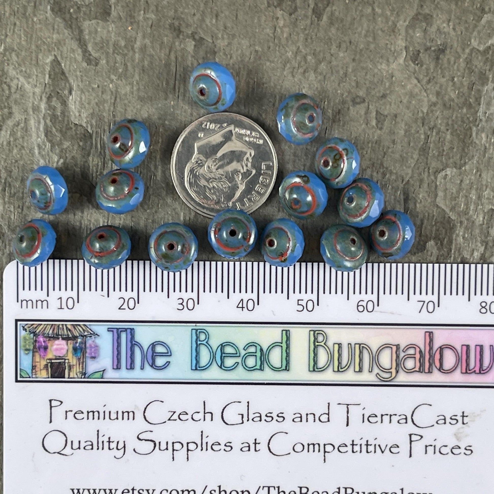 Blue 8x6mm Bicone, Czech Glass Beads, Cornflower Blue with Rustic Picasso (SAT/N-1074) * Qty. 15