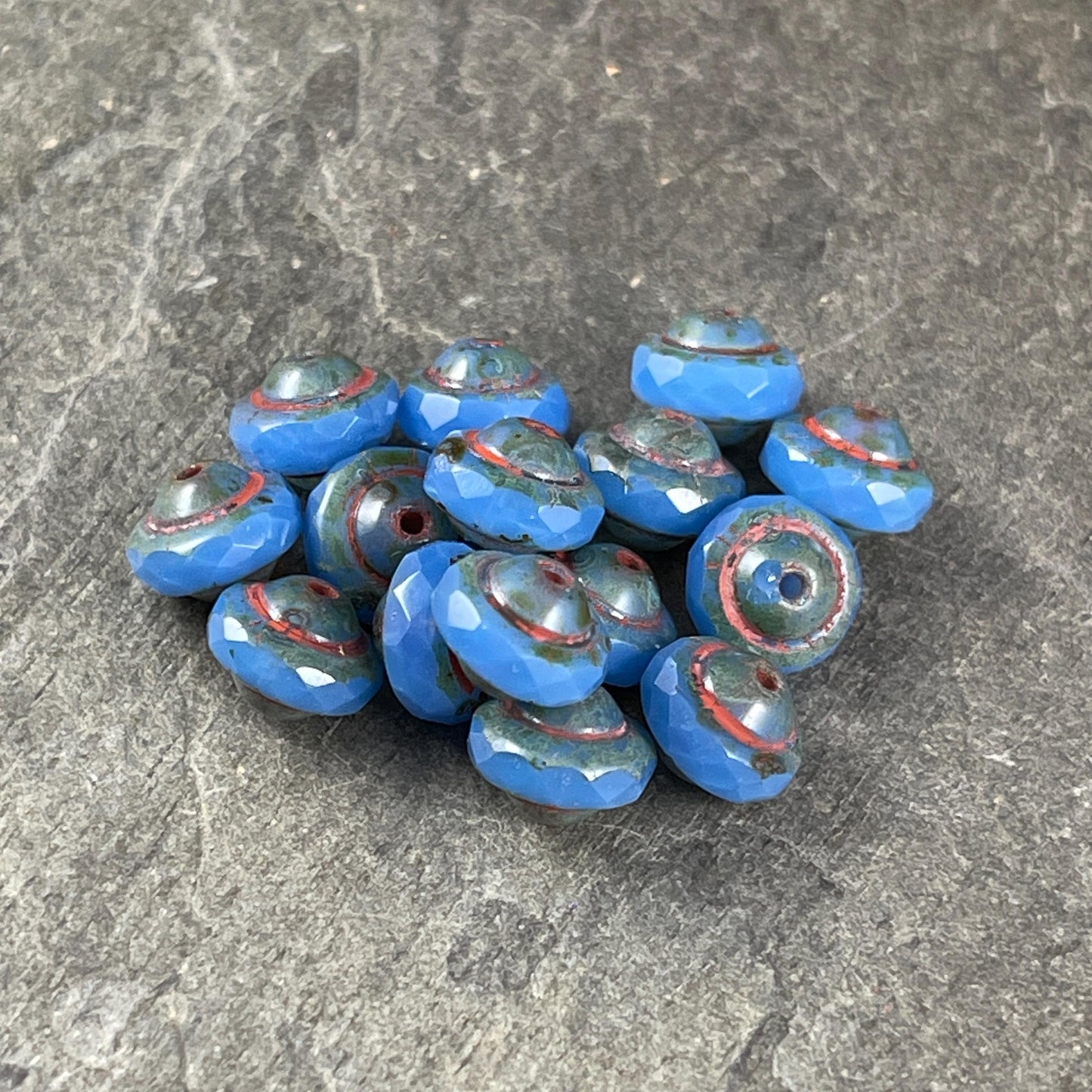 Blue 8x6mm Bicone, Czech Glass Beads, Cornflower Blue with Rustic Picasso (SAT/N-1074) * Qty. 15