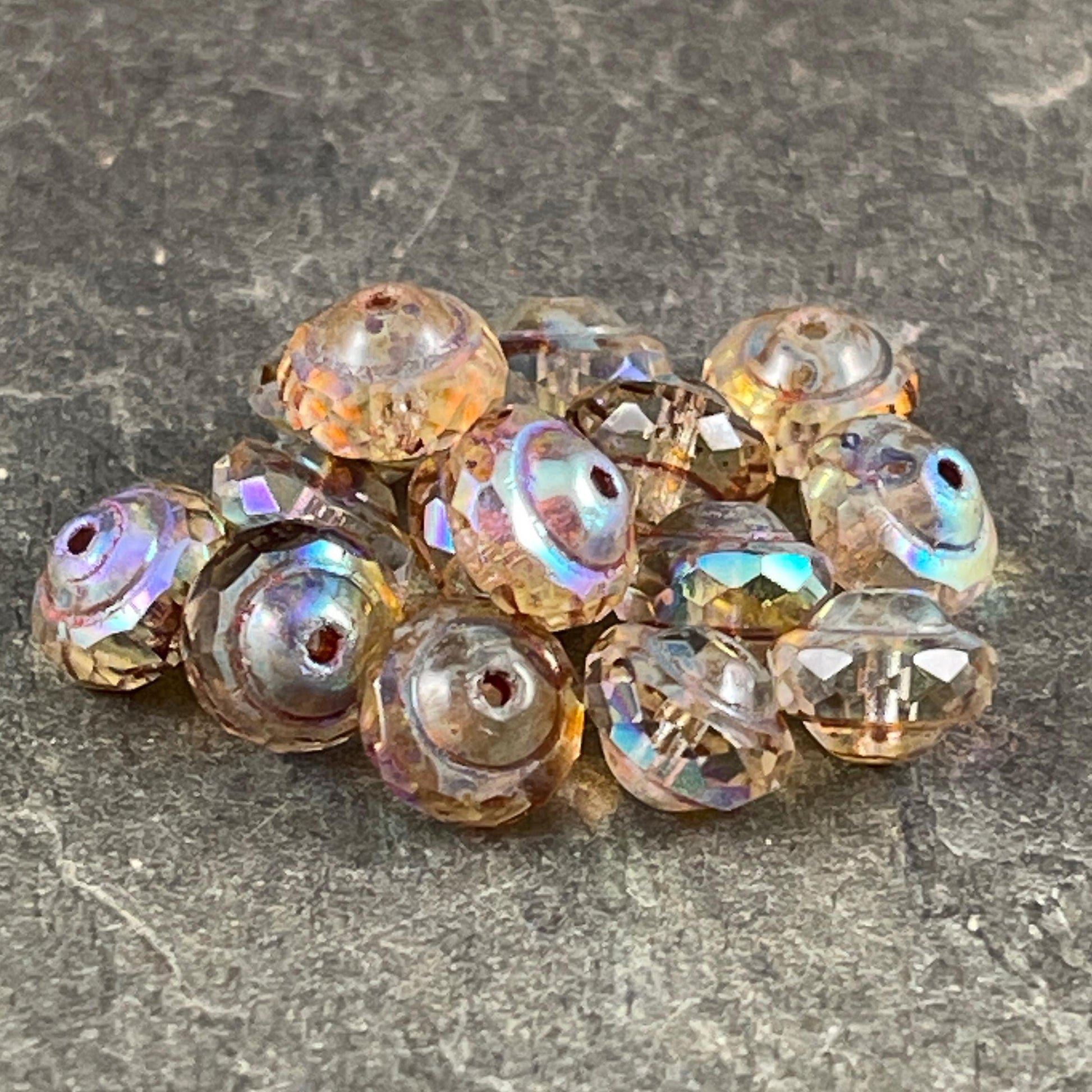 Golden Transparent 8x6mm Bicone, Czech Glass Beads, Transparent Picasso with AB Finish (SAT/N-0713) * Qty. 15