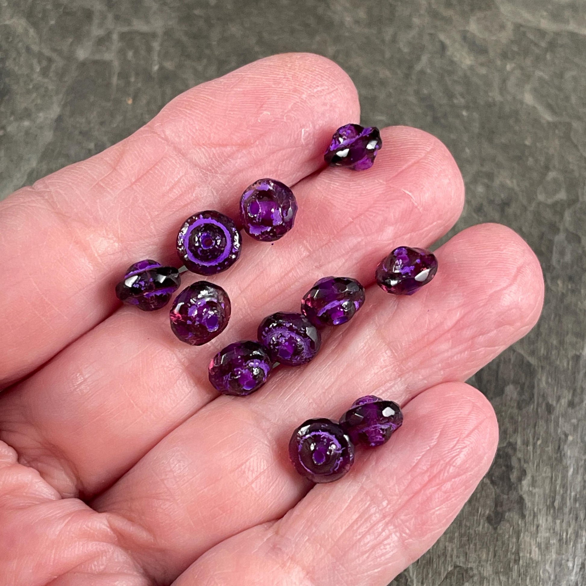 Purple 8x6mm Bicone, Czech Glass Beads, Transparent Purple with Etched Finish and Purple Wash (SAT/N-2068) * Qty. 15