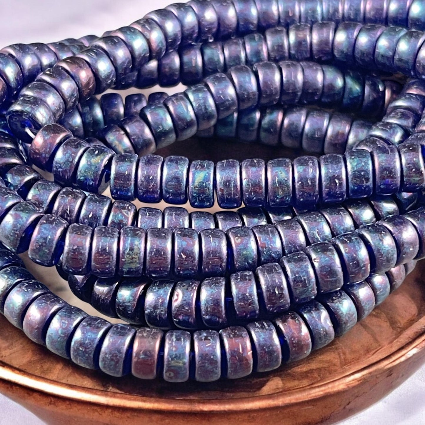 6mm Dark Blue Heishi Rondelle, Czech Glass Beads, Sapphire with Mother of Pearl Finish (HSH/N-0323) * 50 Beads