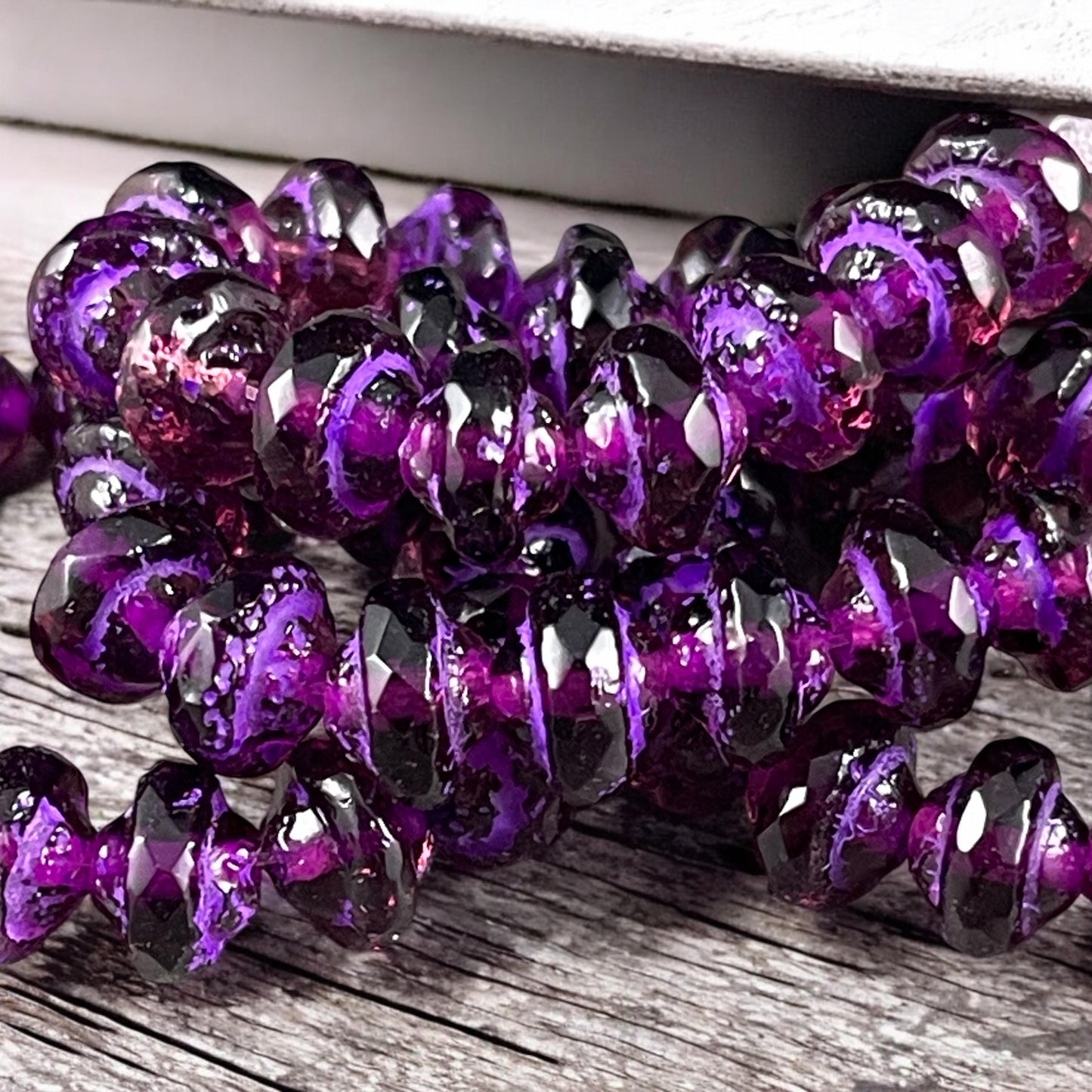 Purple 8x6mm Bicone, Czech Glass Beads, Transparent Purple with Etched Finish and Purple Wash (SAT/N-2068) * Qty. 15