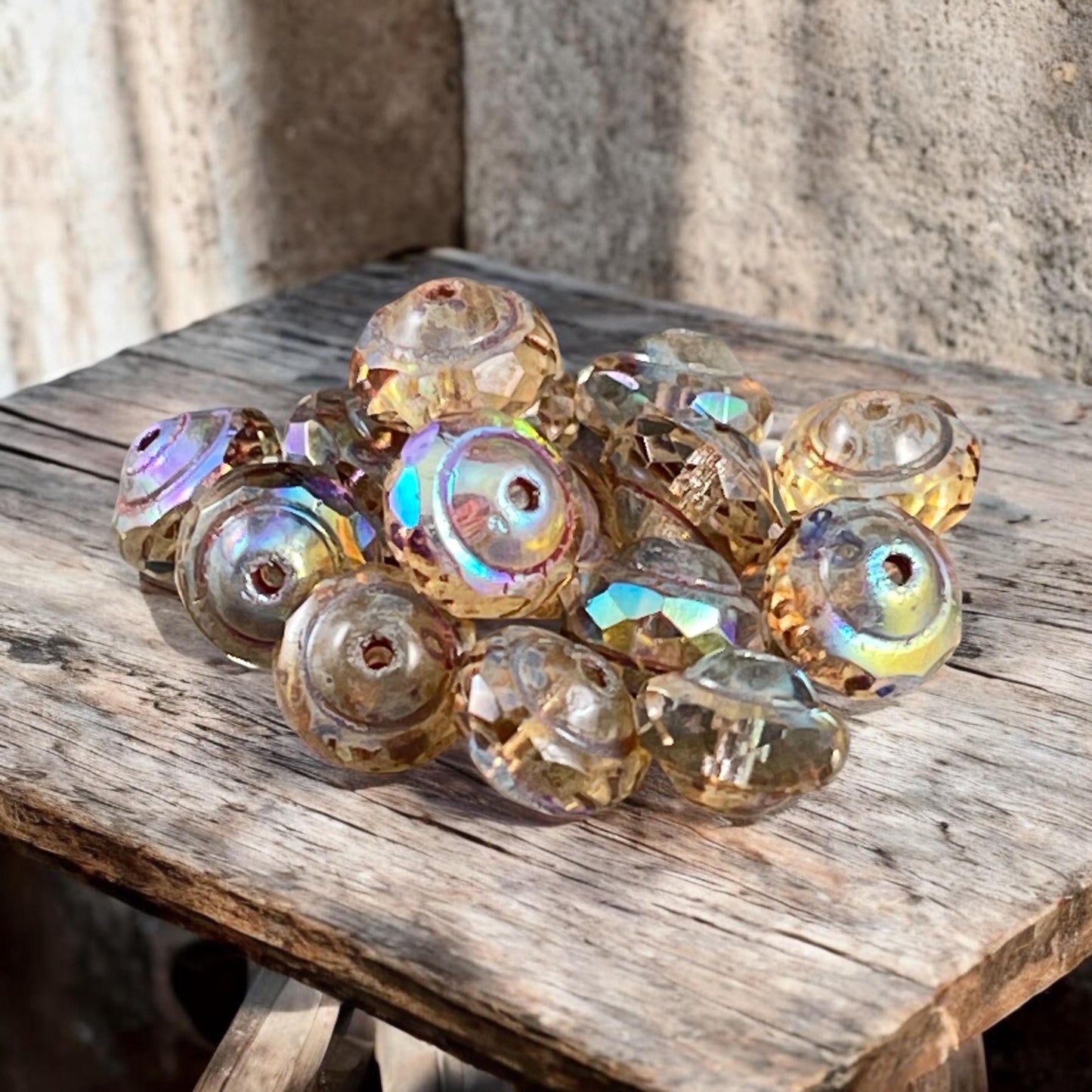 Golden Transparent 8x6mm Bicone, Czech Glass Beads, Transparent Picasso with AB Finish (SAT/N-0713) * Qty. 15