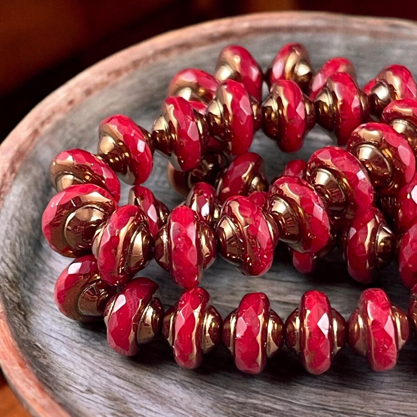 Opaque Red 8x6mm Bicone, Czech Glass Beads, Ruby Red Silk with Bronze Picasso (SAT/N-2072) * Qty. 15