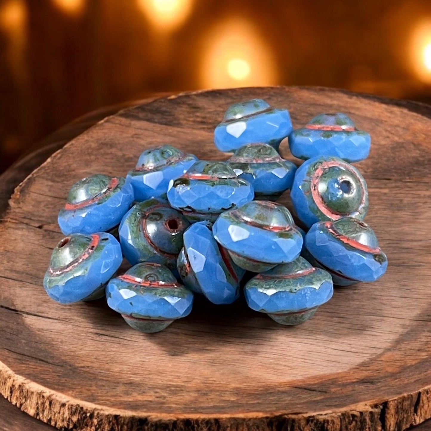 Blue 8x6mm Bicone, Czech Glass Beads, Cornflower Blue with Rustic Picasso (SAT/N-1074) * Qty. 15