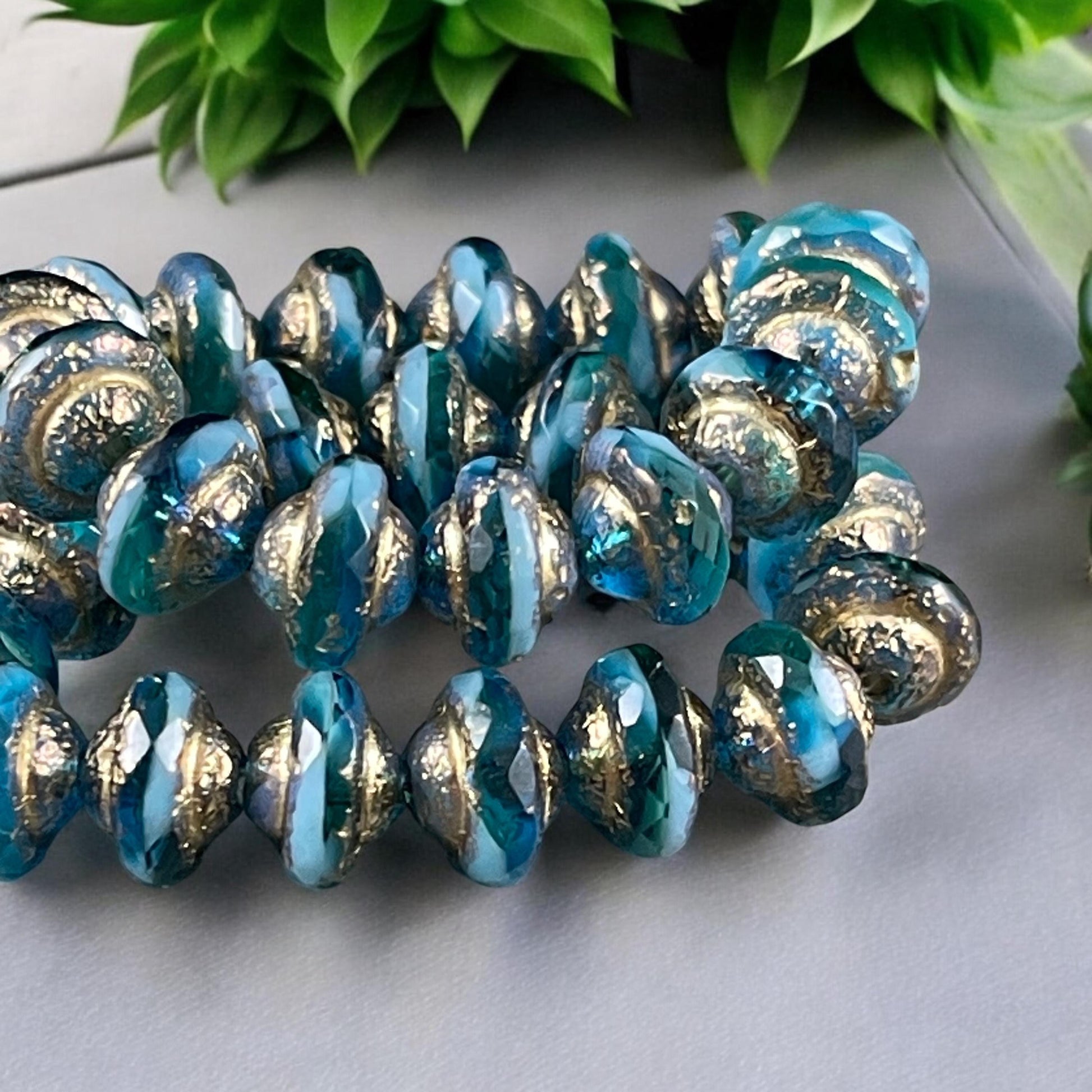 Capri and Sky Blue 8x6mm Bicone, Czech Glass Beads, Two-Tone Blue with Etched Gold Picasso (SAT/N-1541) * Qty. 15