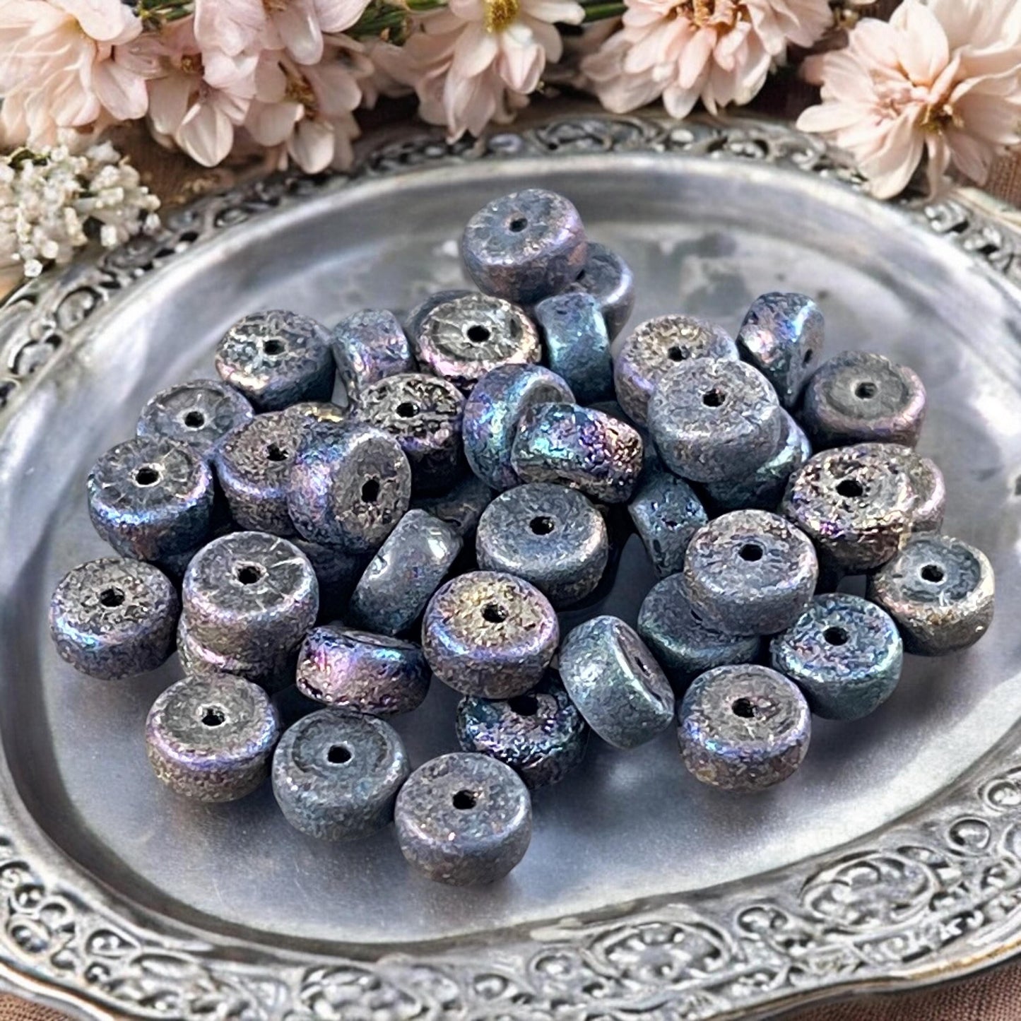 6mm Blue Iris Heishi Rondelle, Czech Glass Beads, Etched Mother of Pearl Iridescent Beads (HSH/N-1941) * 50 Beads