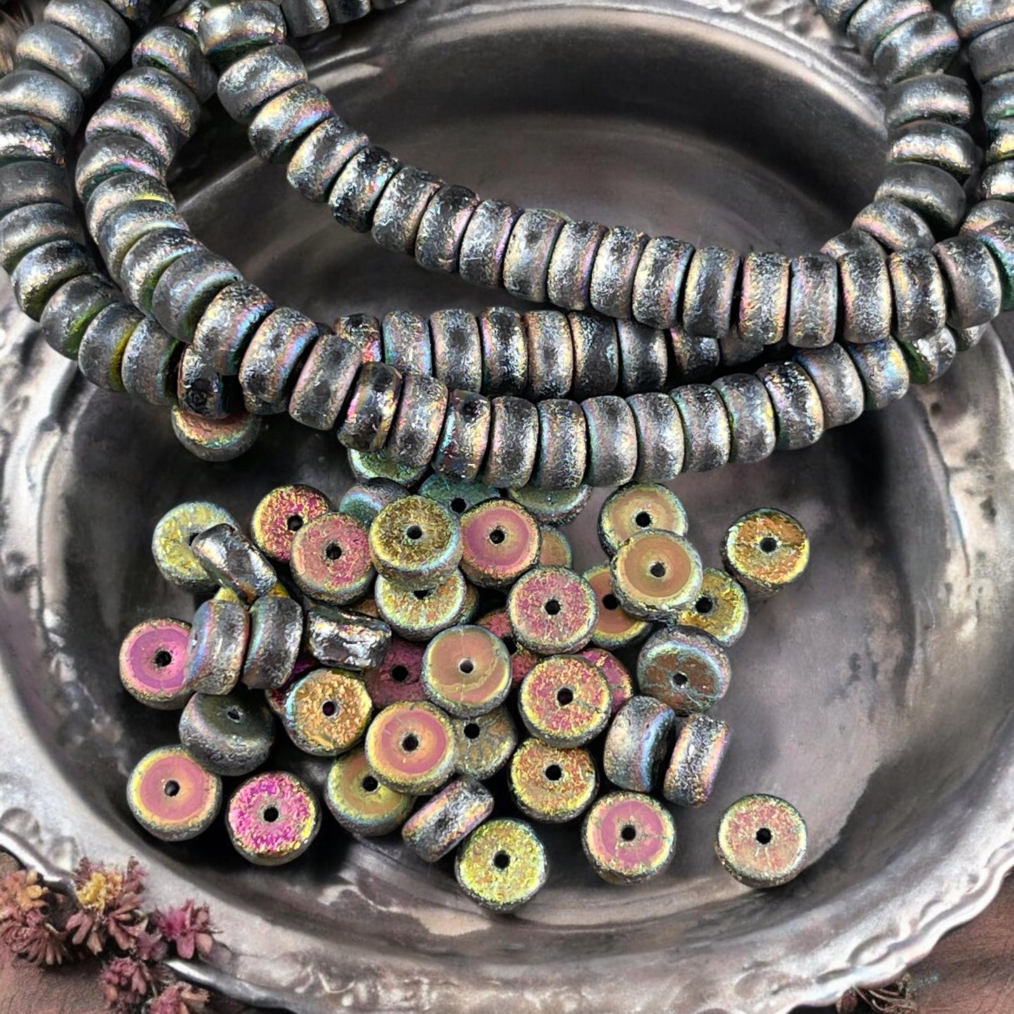 Czech Glass Beads - 6mm Etched Light Gray Heishi Rondelle, Gray with Peacock and AB Finishes (HSH/N-0324) * 50 Beads