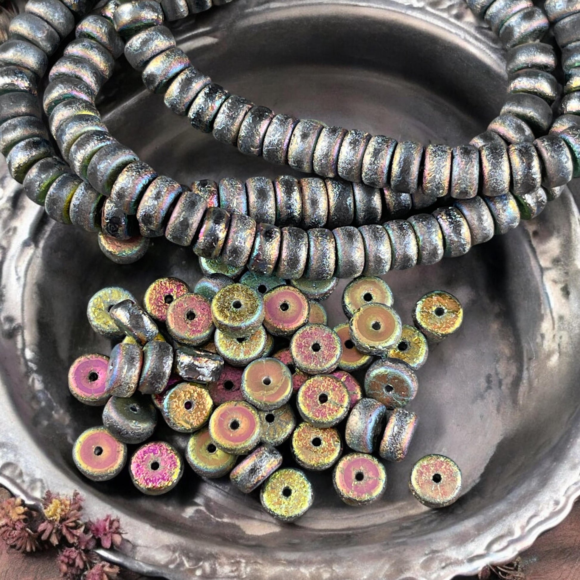 Czech Glass Beads - 6mm Etched Light Gray Heishi Rondelle, Gray with Peacock and AB Finishes (HSH/N-0324) * 50 Beads