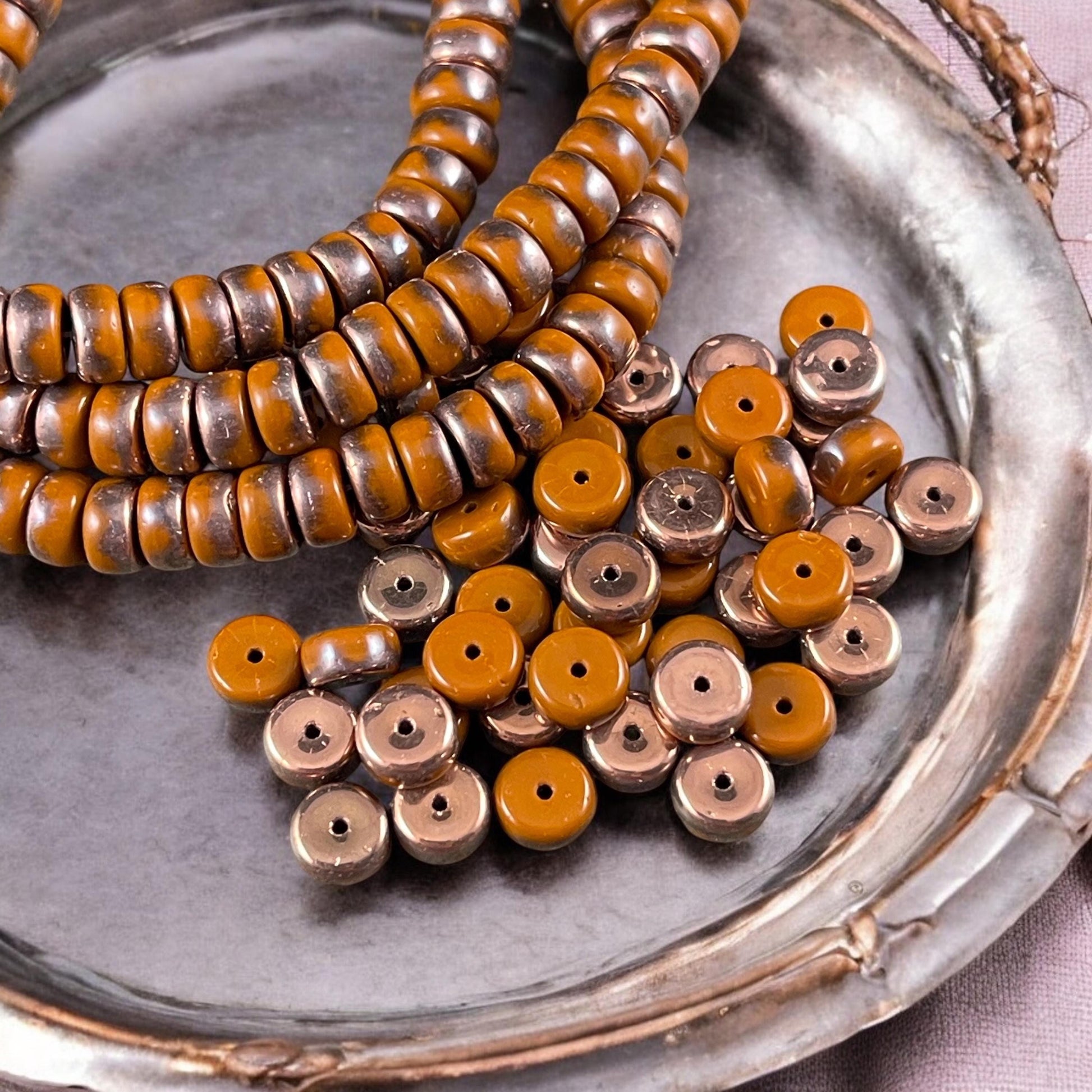 6mm Orange Heishi Rondelle, Czech Glass Beads, Burnt Orange with Copper Metallic Finish (HSH/N-0298) * 50 Beads