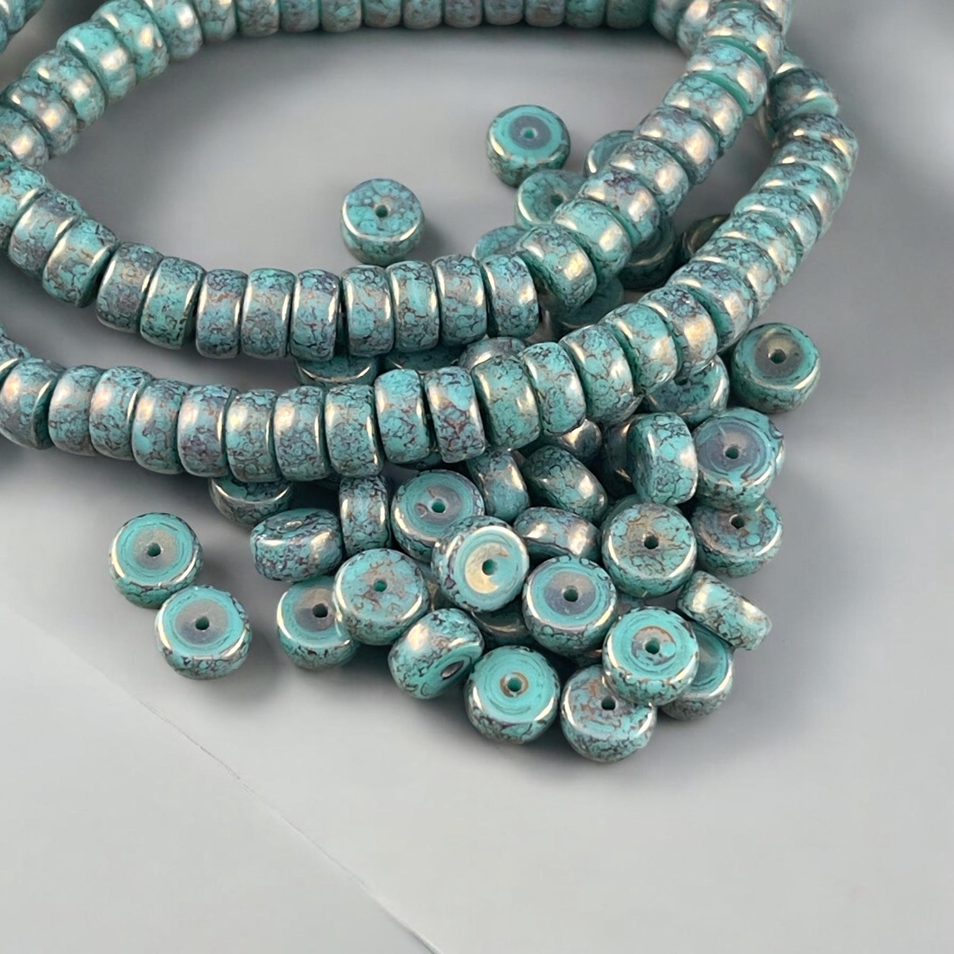 6mm Marbled Turquoise Heishi Rondelle, Czech Glass Beads, Dark Turquoise with Bronze Picasso Finish (HSH/N-0303) * 50 Beads