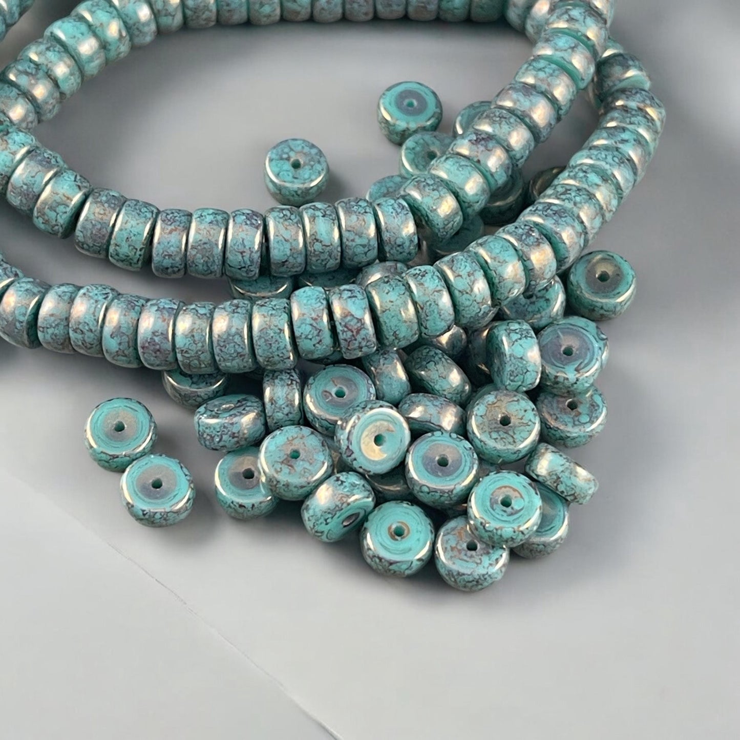 Czech Glass Beads - 6mm Marbled Turquoise Heishi Rondelle, Dark Turquoise with Bronze Picasso Finish (HSH/N-0303) * 50 Beads
