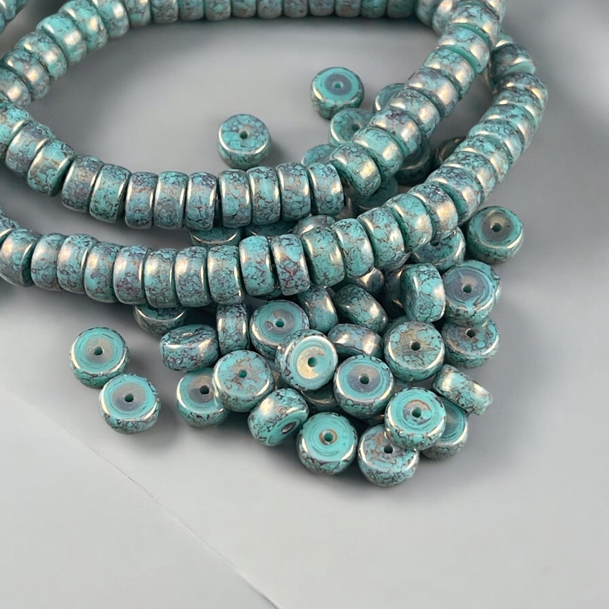 Czech Glass Beads - 6mm Marbled Turquoise Heishi Rondelle, Dark Turquoise with Bronze Picasso Finish (HSH/N-0303) * 50 Beads