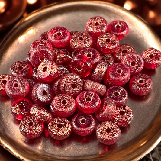 Czech Glass Beads - 6mm Etched Red Heishi Rondelle, Red with Copper Wash (HSH/N-1887) * 50 Beads